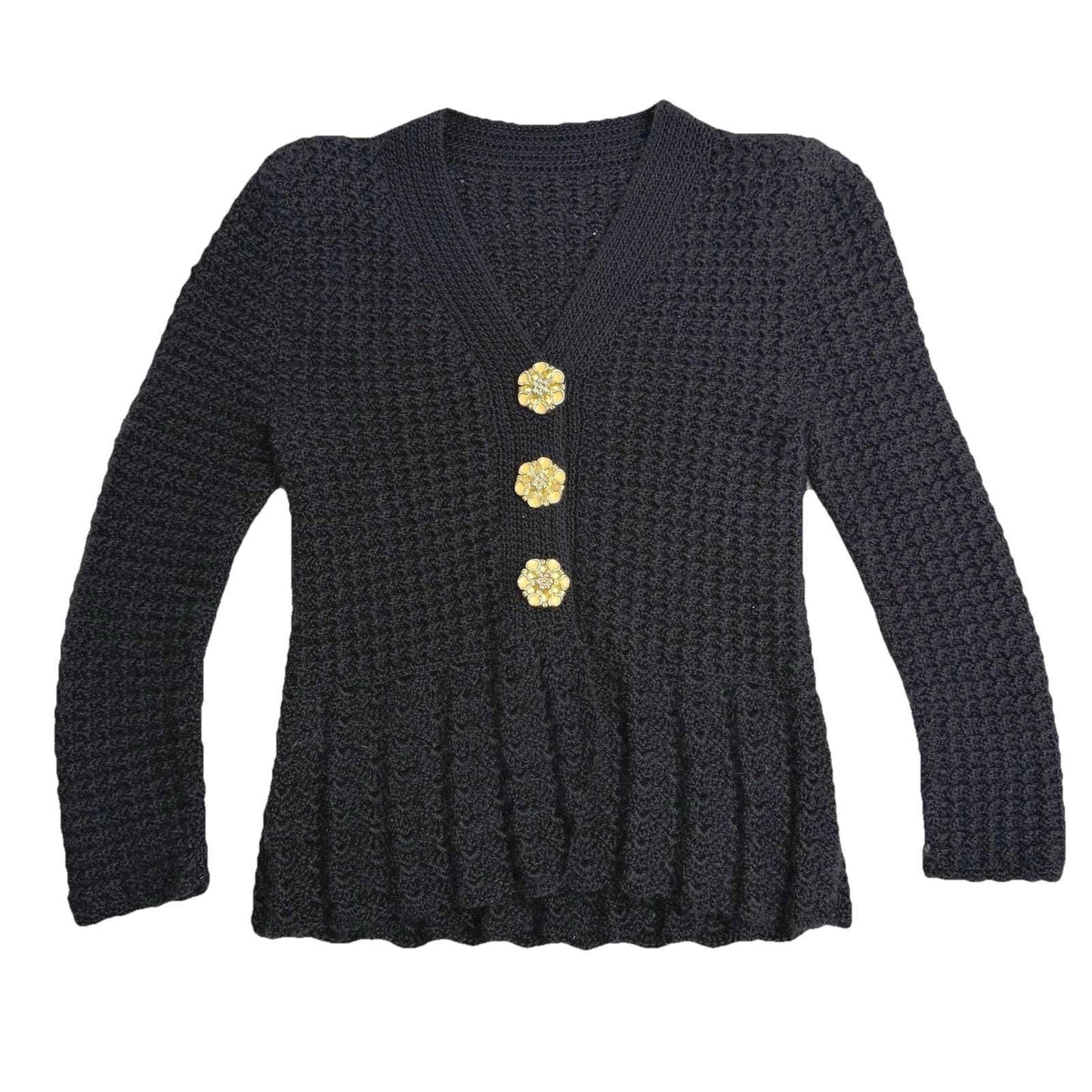Vintage Black Fuzzy V-Neck Handmade Cardigan Peplum Yellow Flower Buttons Medium