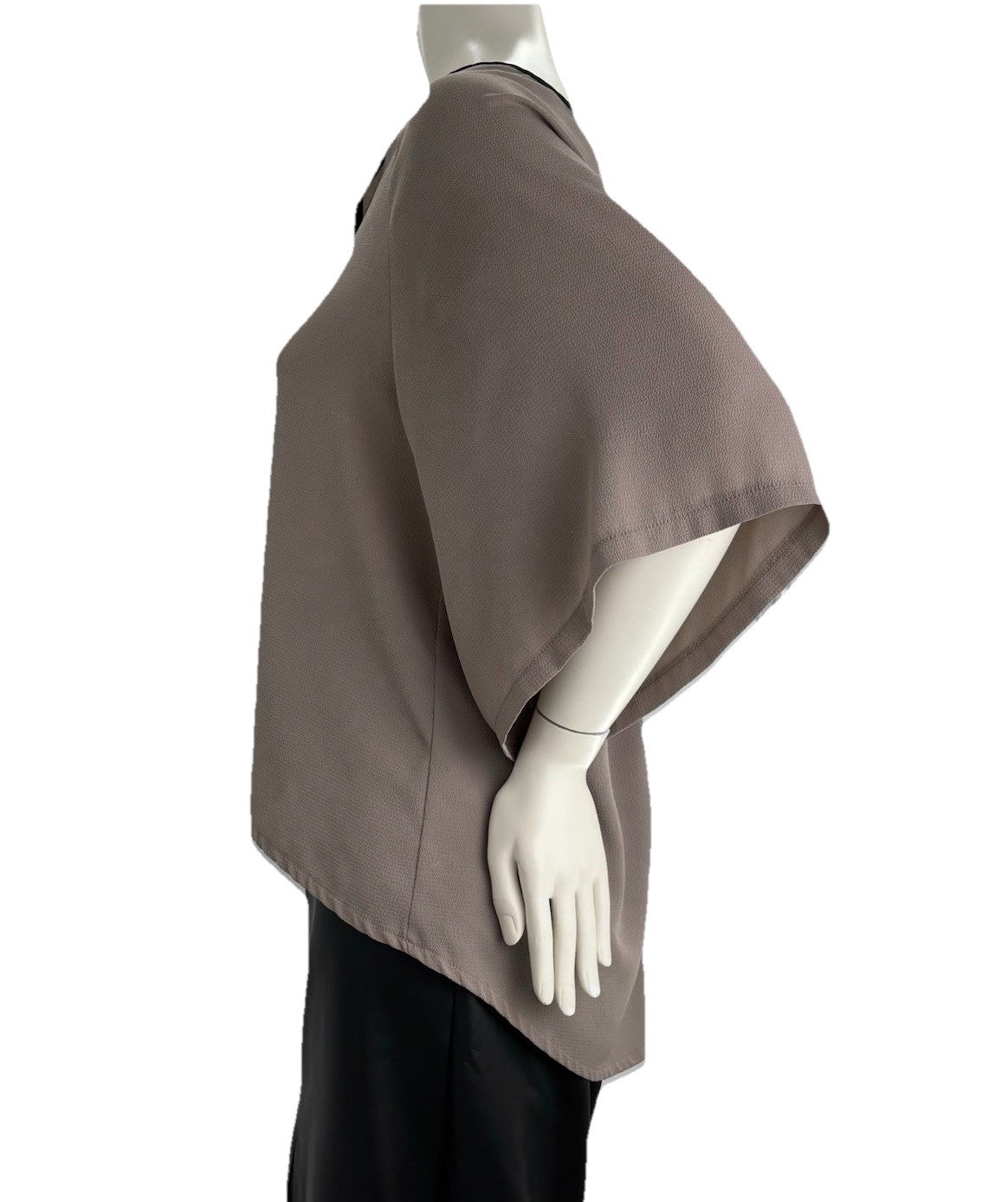 Vanessa Collezione Italy Sheer Flutter Sleeve Blouse Taupe Black Trim Sz Small