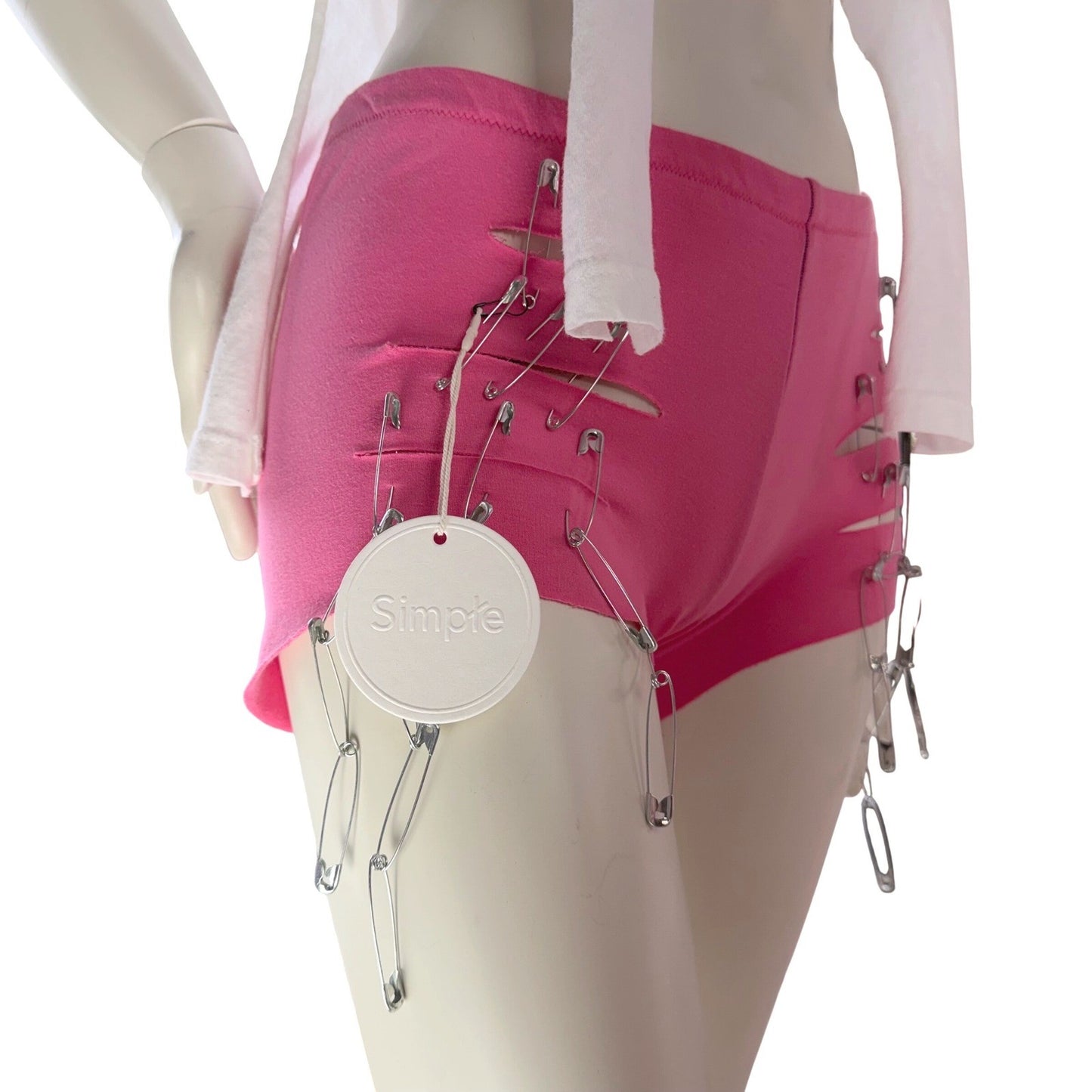 Simpłe NWT Pink Safety Pin Shorts + White CropTop Punk Festival Rave Neon Small