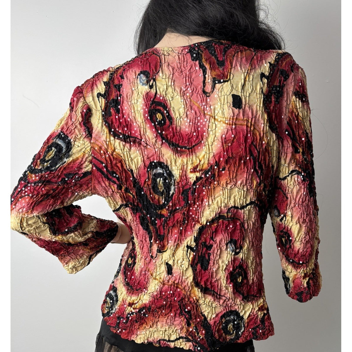 Vintage Handmade Black Red Sequins Crinkle Top OOAK Whimsigoth Witchy Y2K M