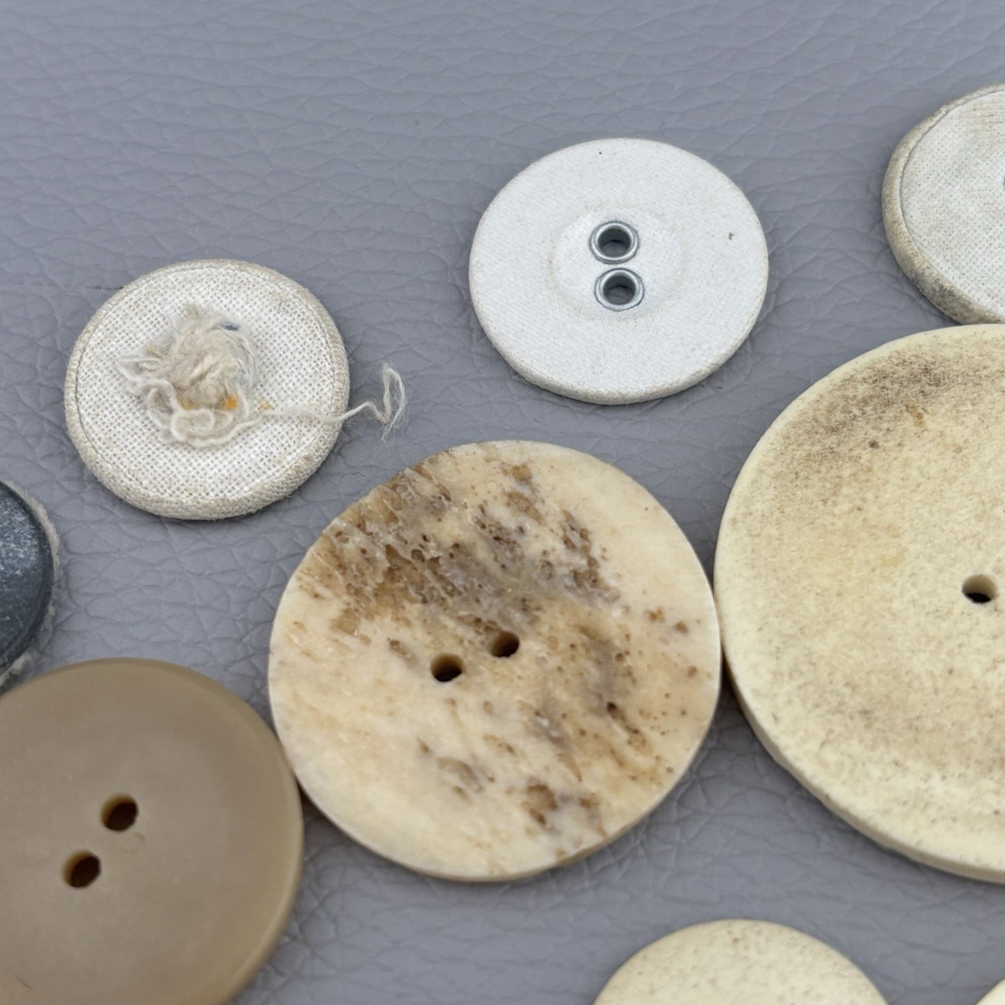 Antique Casein + Fabric Buttons Lot – Natural Ivory Beige Mix ~35pcs Early 1900s