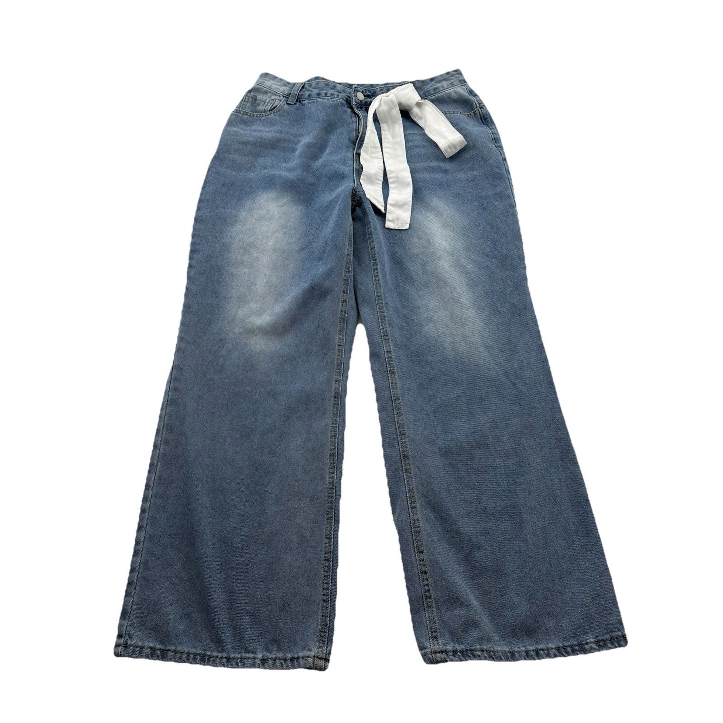 Women's Wide Leg Jeans 33x30 Slouchy Low Rise Y2K Baggy Denim White Belt Strap