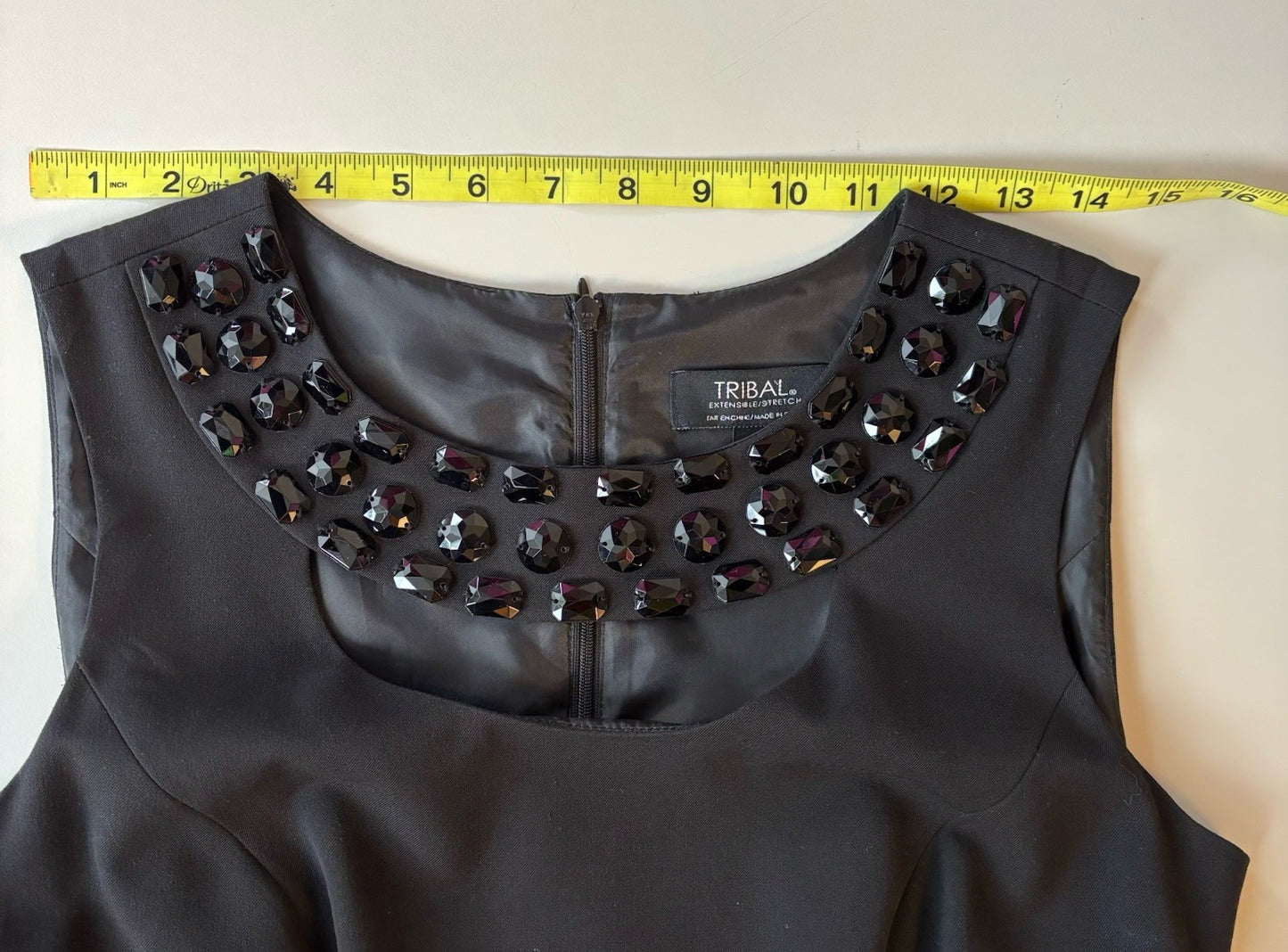Tribal Black Stretch Sheath Dress 6 | Embellished Neckline | Classic LBD