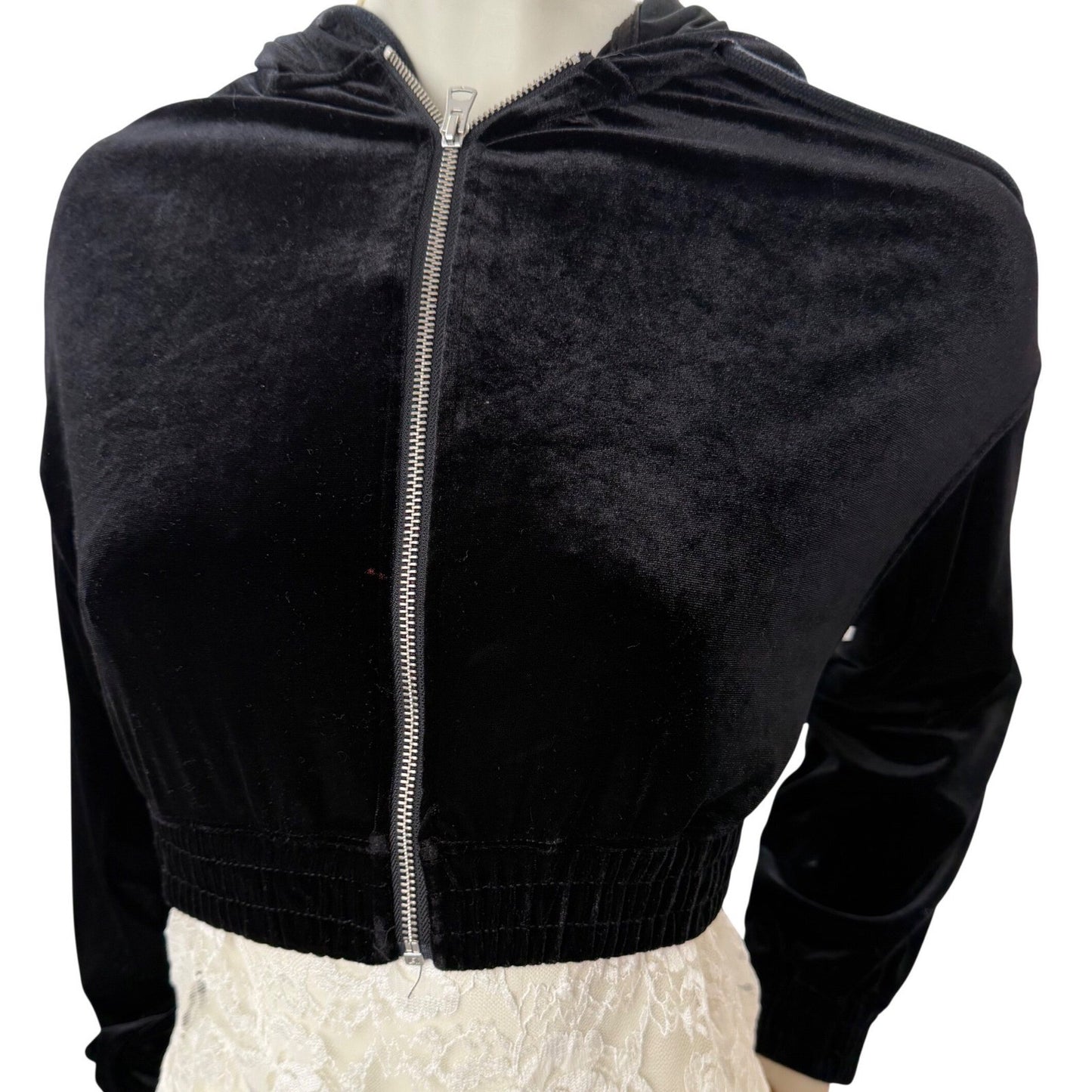 Black Velvet Cropped Zip Up Hoodie Long Sleeve Casual Athleisure Women