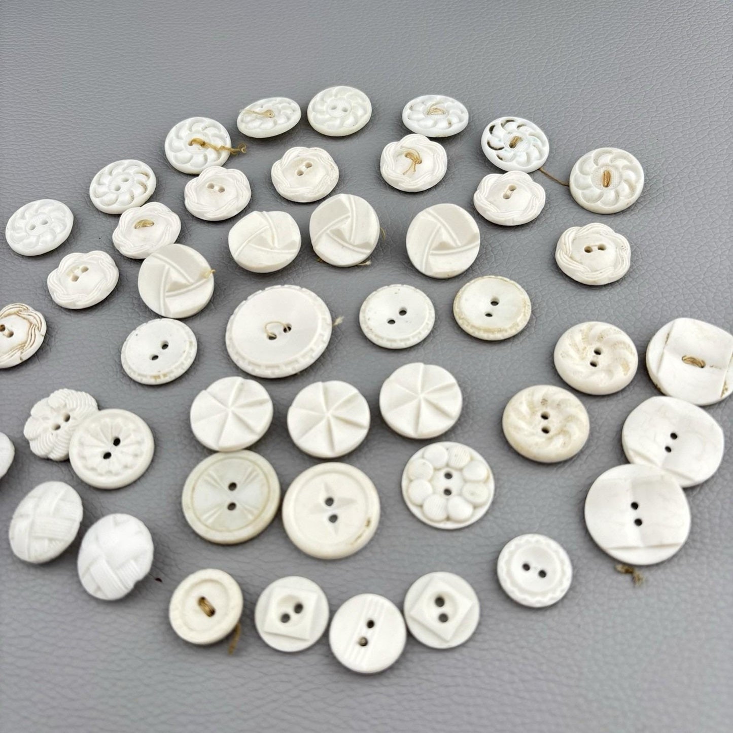 Antique White Carved Buttons Lot – Casein & Milk Glass Mix ~40pcs 1920s–40s