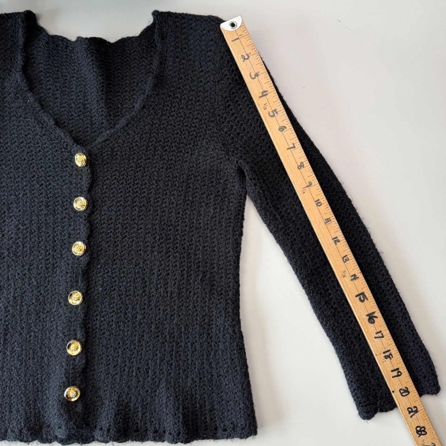 Handmade Vintage Crochet Cardigan Gold Rhinestone Buttons Coquette Black Small