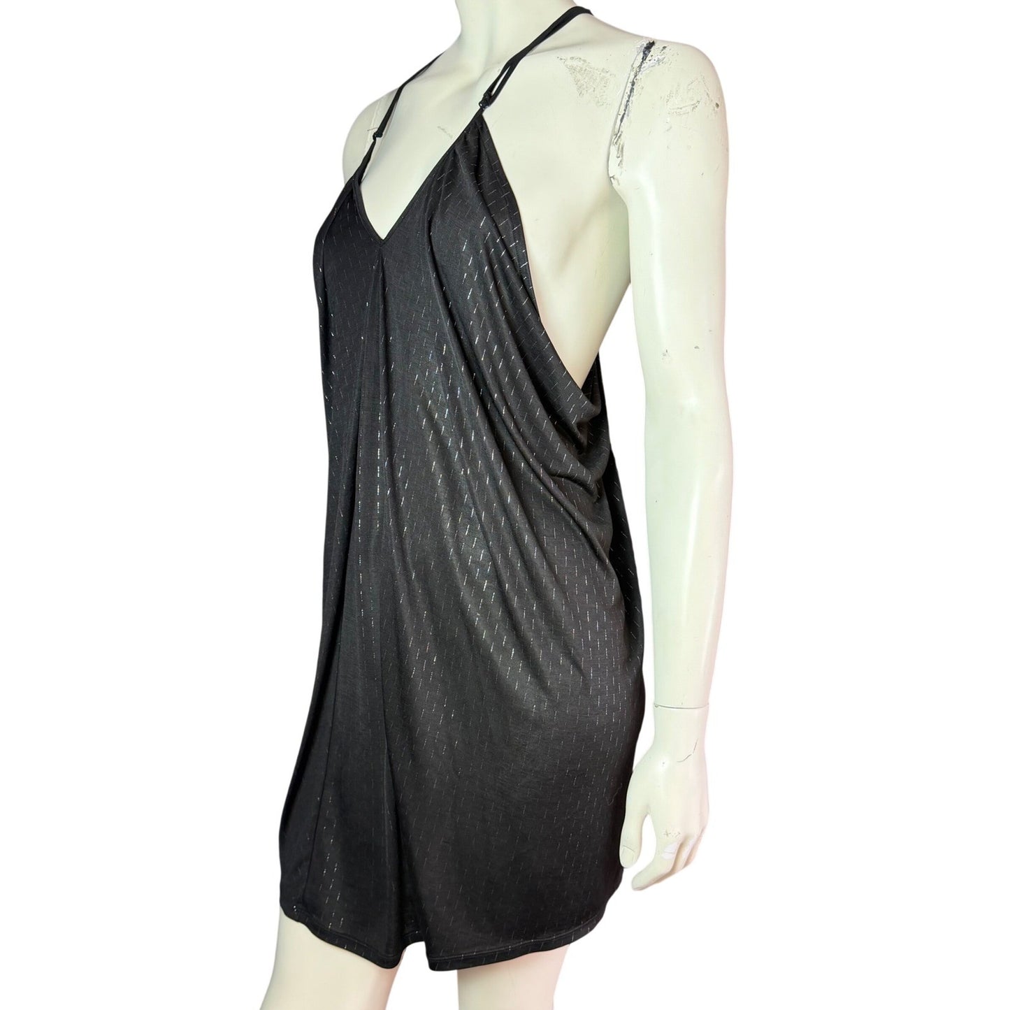 LUX Mini Dress Black Metallic Pinstripe Draped Racerback Y2K Disco Party Small