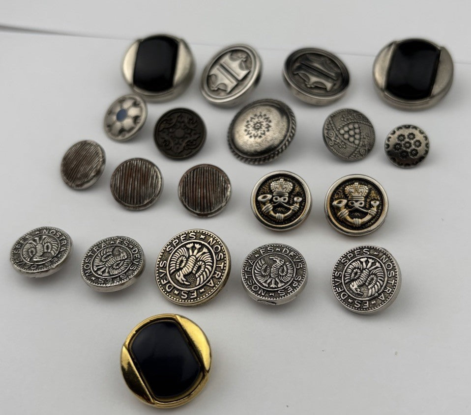 Vintage Silver & Black Button Lot – Crest, Textured, Enamel, and Etched Mix, 20