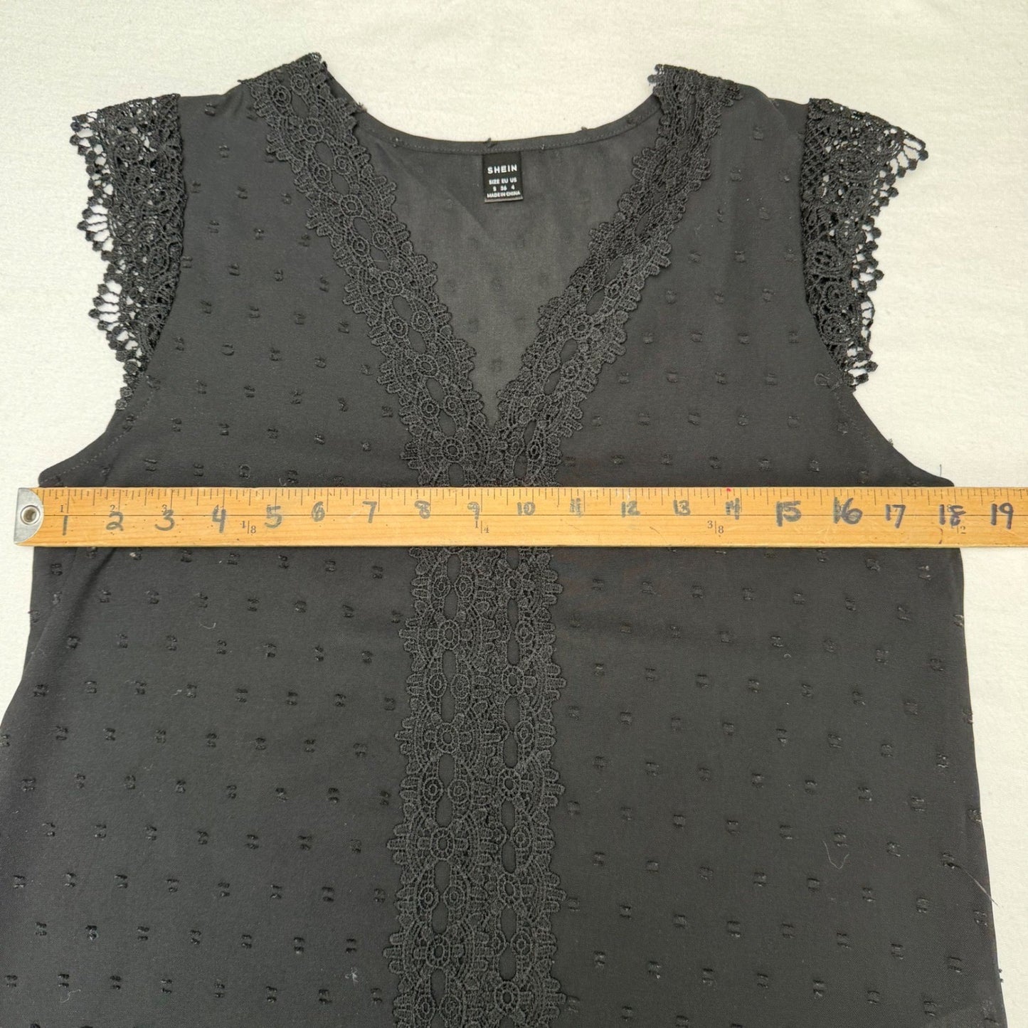 Women Black Sleeveless Blouse Swiss Dot Lace Trim Small Victorian Dark Academia