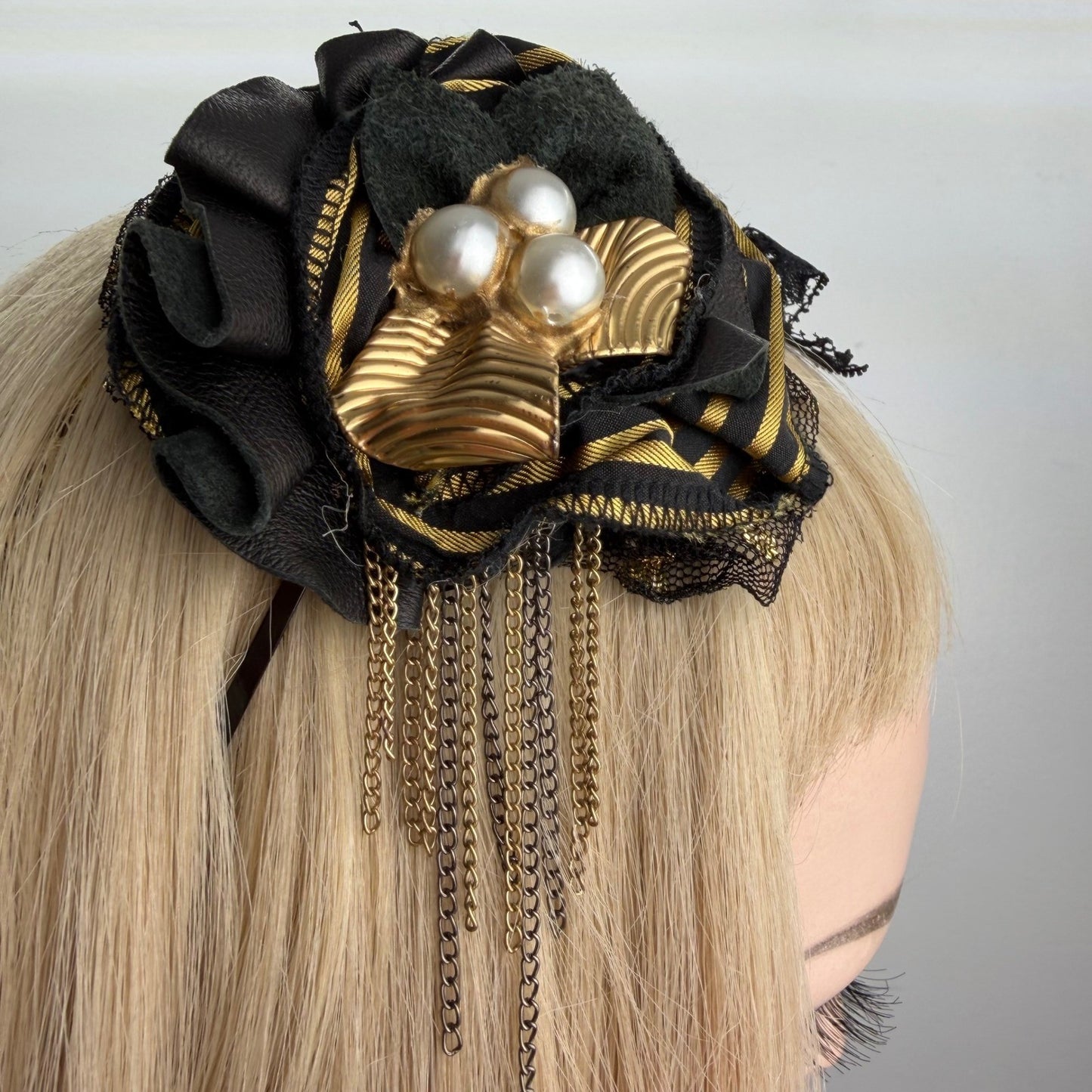 Handmade Floral Fascinator Headband Gold Chain Faux Pearl Gothic Victorian OS