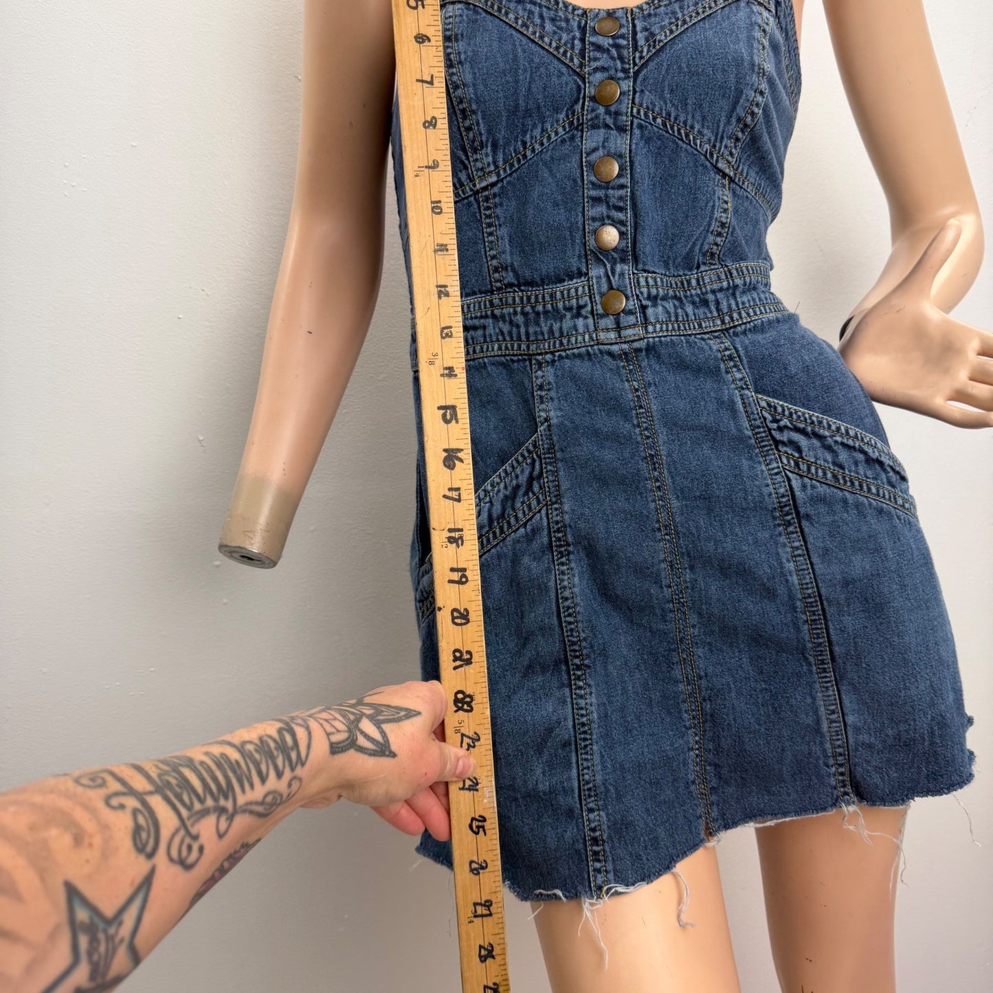 Denim Button Front Mini Dress smocked back Strappy Summer Casual Womens Medium