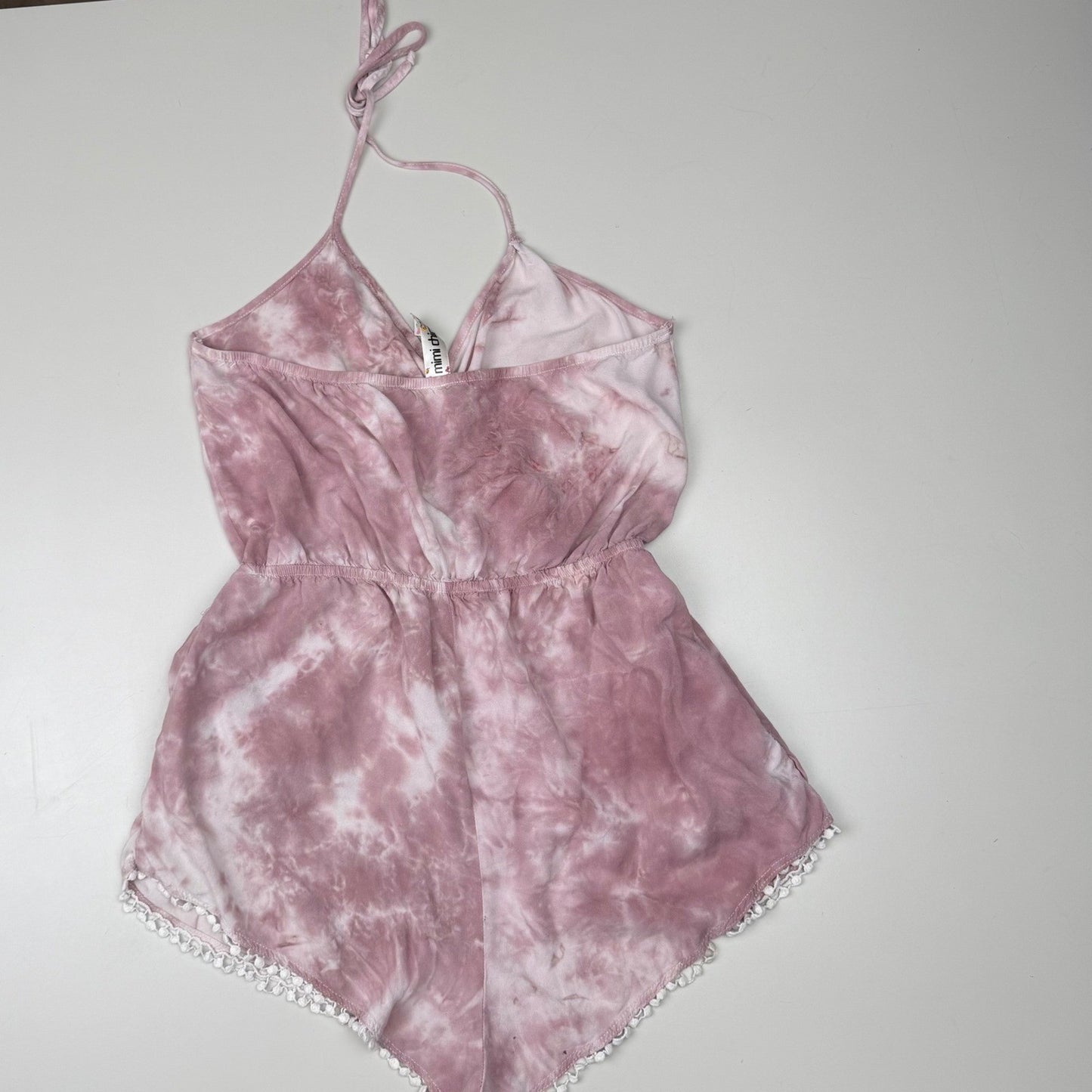 Mimi Chica Romper Tie Dye Halter Pom Pom Trim Boho Festival Mauve Large