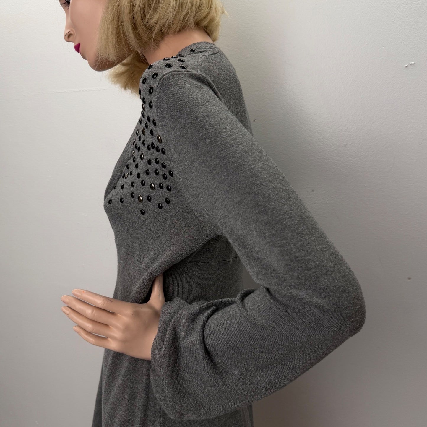 Danny Be Grey Studded Tunic Dress Balloon Sleeve Empire Waist Y2K Indie Sleeze