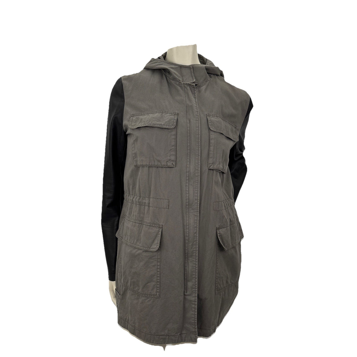 DKNY Grey  And Black Cargo Coat Drawstring Waist Full Lined Zipper Hood Outdoors