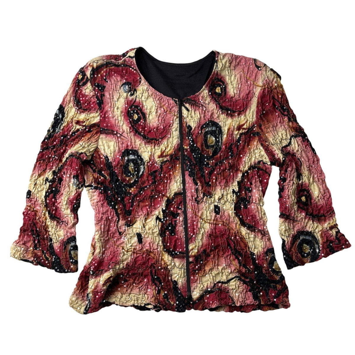 Vintage Handmade Black Red Sequins Crinkle Top OOAK Whimsigoth Witchy Y2K M