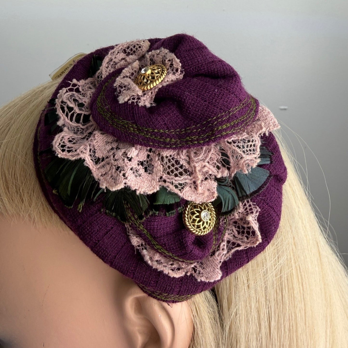 Handmade Fascinator Pillbox Style Purple Lace Feather Victorian Steampunk OS