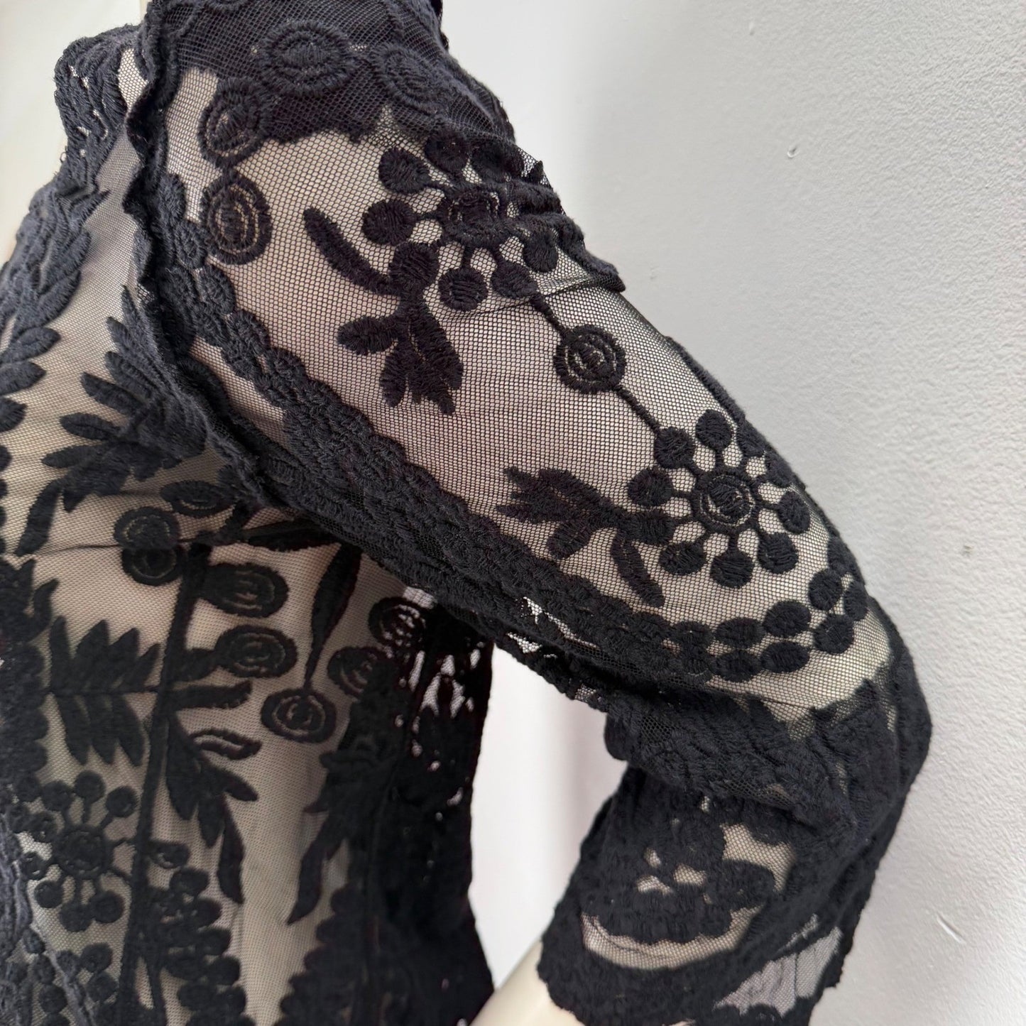 Black Sheer Mesh Top Embroidered Floral   Blouse Whimsigoth Victorian Boatneck