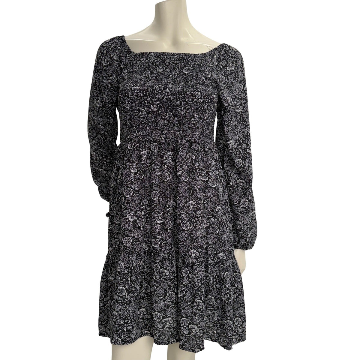 Devoted Black White Dress Floral Smocked Prairie Romantic Peasant Boho Womens M