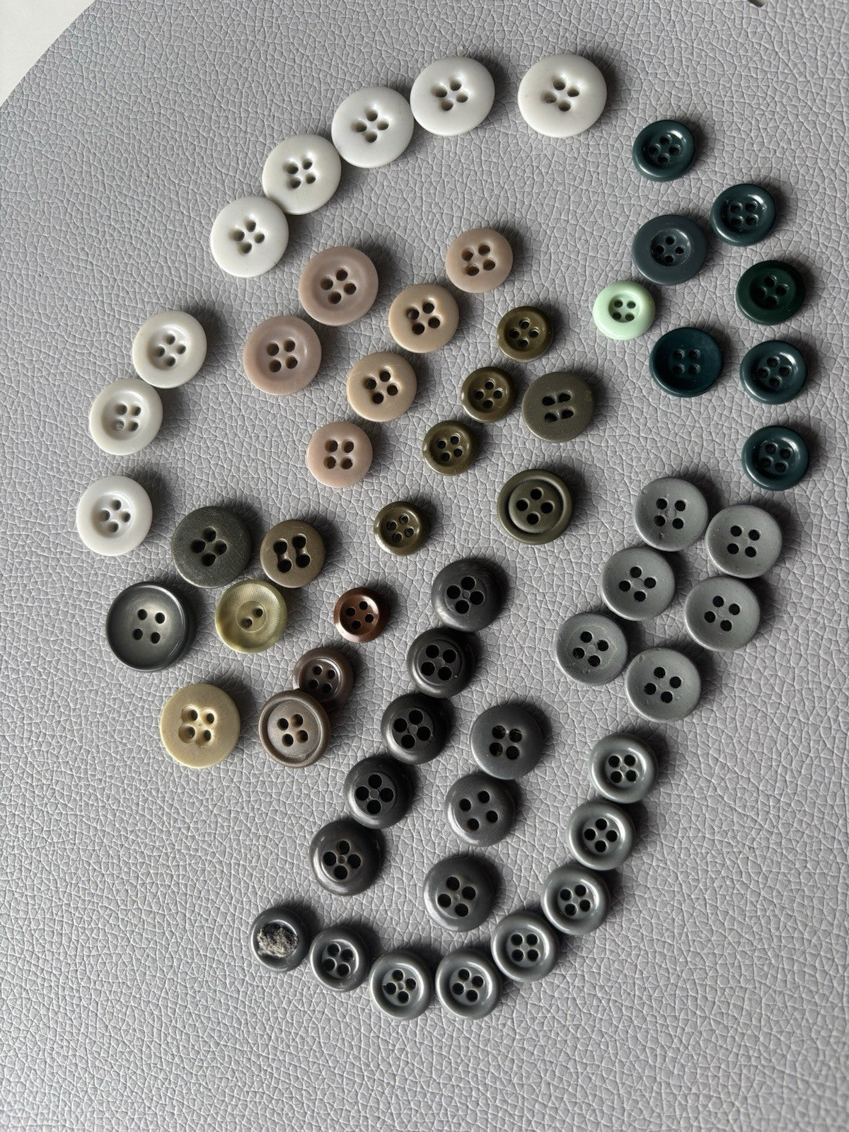 Vintage Button Lot Of 59 Early Plastic Four Hole Buttons Grey Taupe White Brown