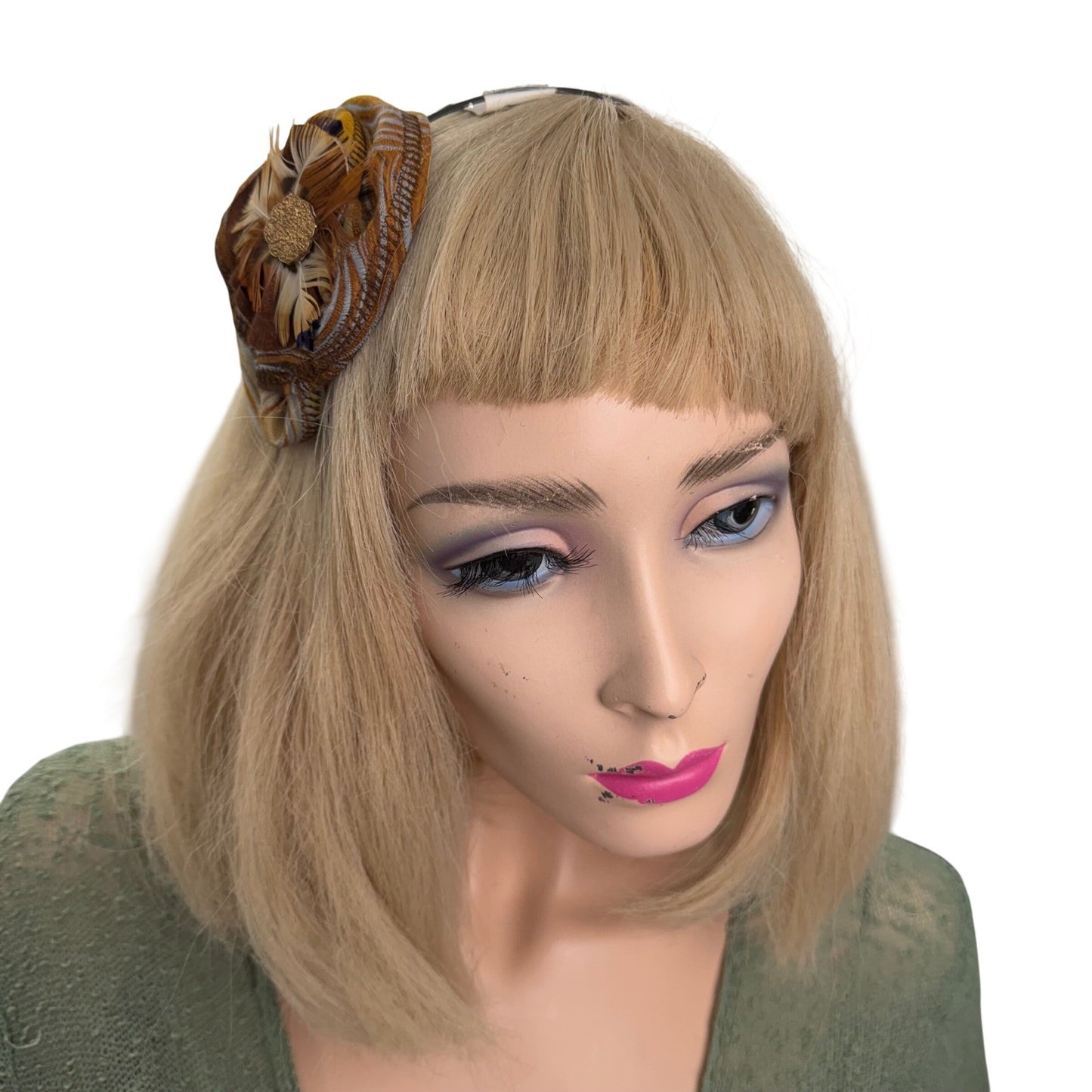 Bella Capelli Headband Fascinator Feather Gold Filigree Earth Tone Vintage OS