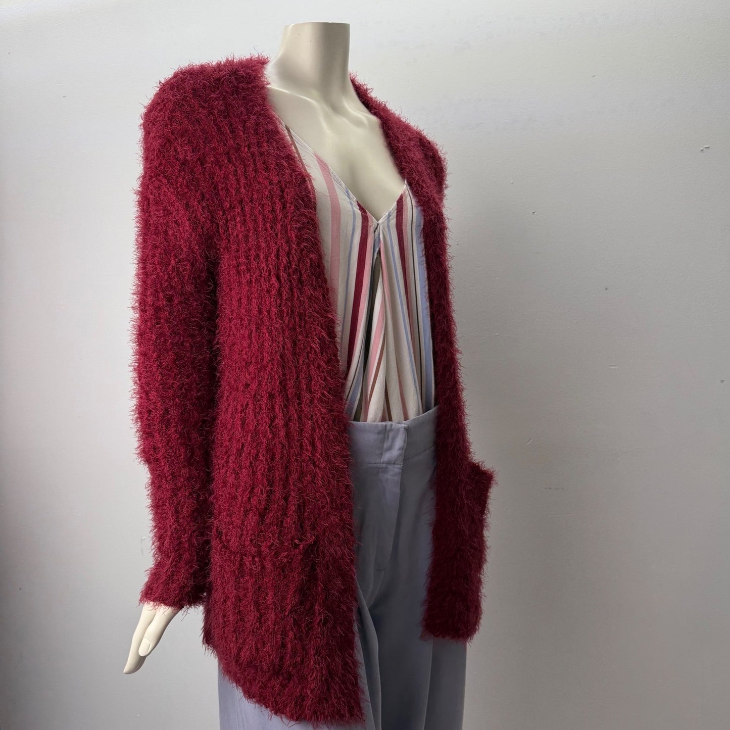 Burgundy Eyelash Knit Open Front Cardigan Sweater with Pockets Longline Fuzzy