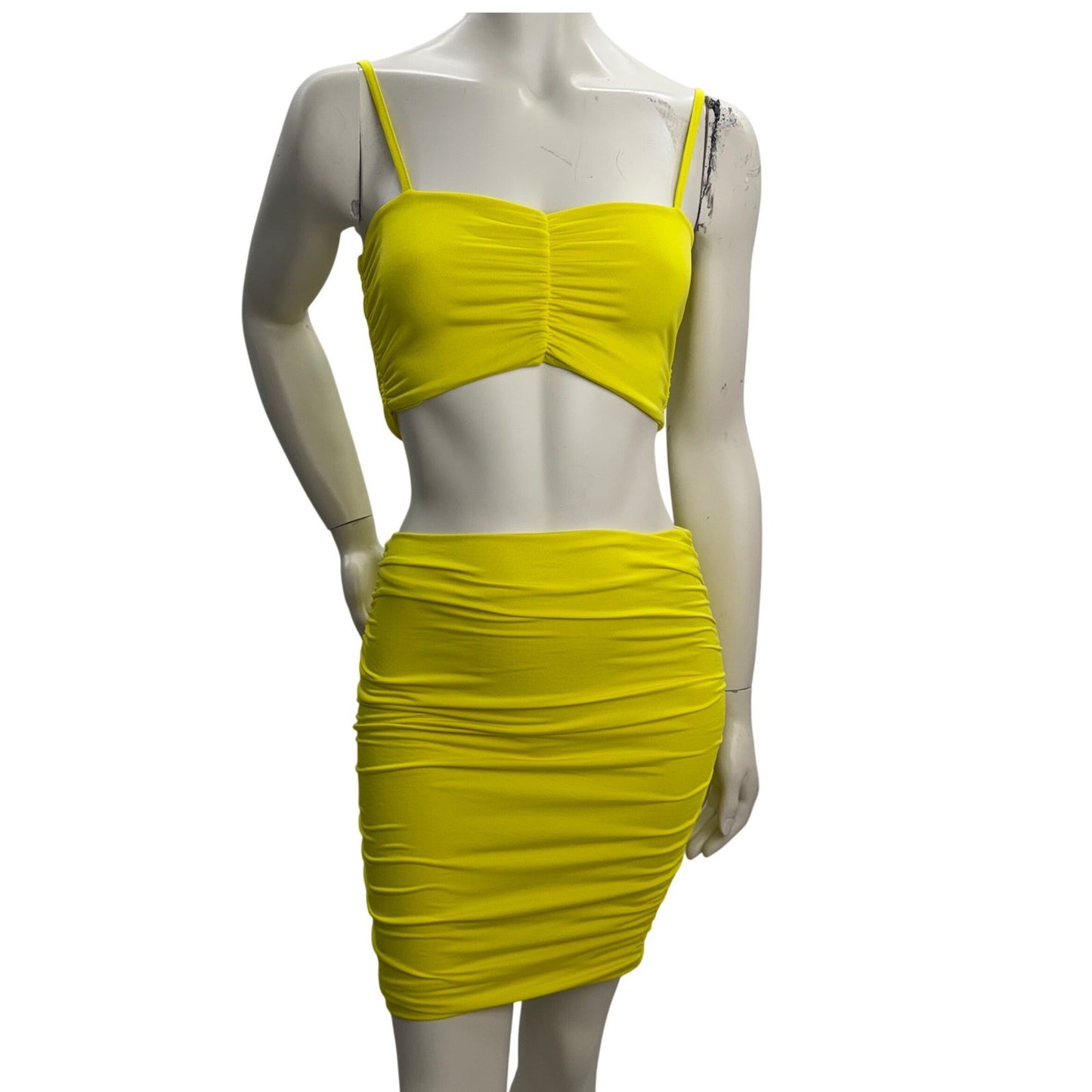 Neon Yellow Body Con Set  + Black Lycra Mini Skirt Club Rave Festival Outfit S
