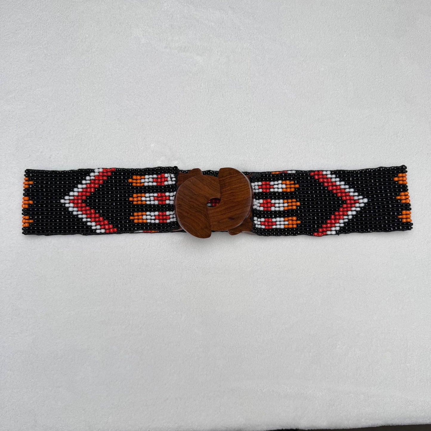 Vintage Beaded Belt Geometric Wood Hook Buckle Boho Southwestern Black OS