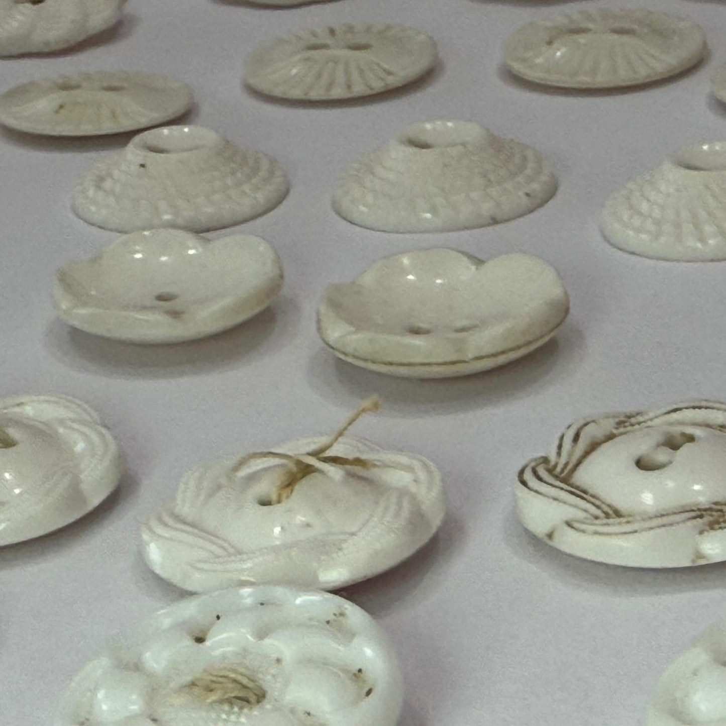Antique Milk Glass Buttons Mixed Lot Floral Sunburst Victorian White 2Hole 36pc