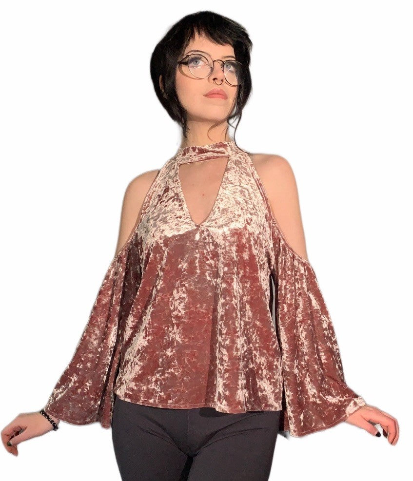 Boho Crushed Velvet  Cold Shoulder Top Whimsigoth Fairycore Princesscore Pastel