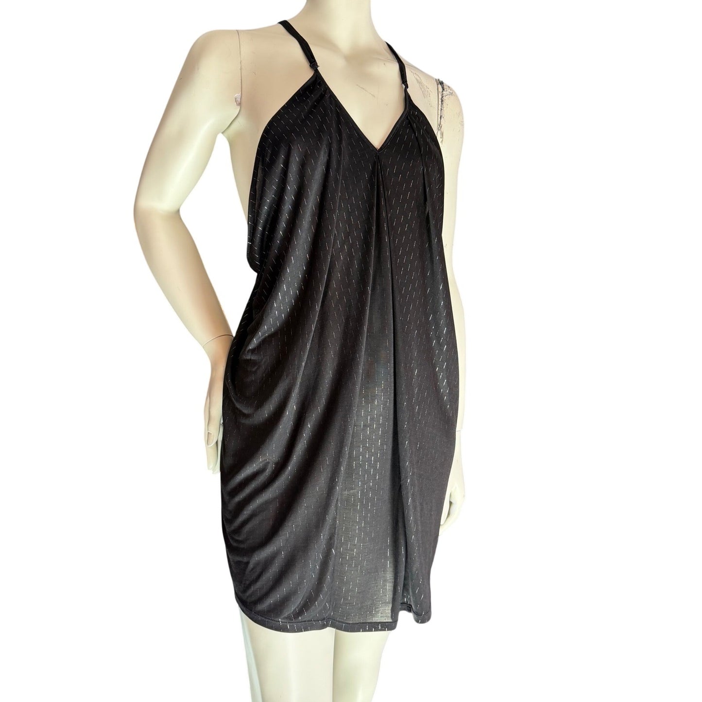 LUX Mini Dress Black Metallic Pinstripe Draped Racerback Y2K Disco Party Small
