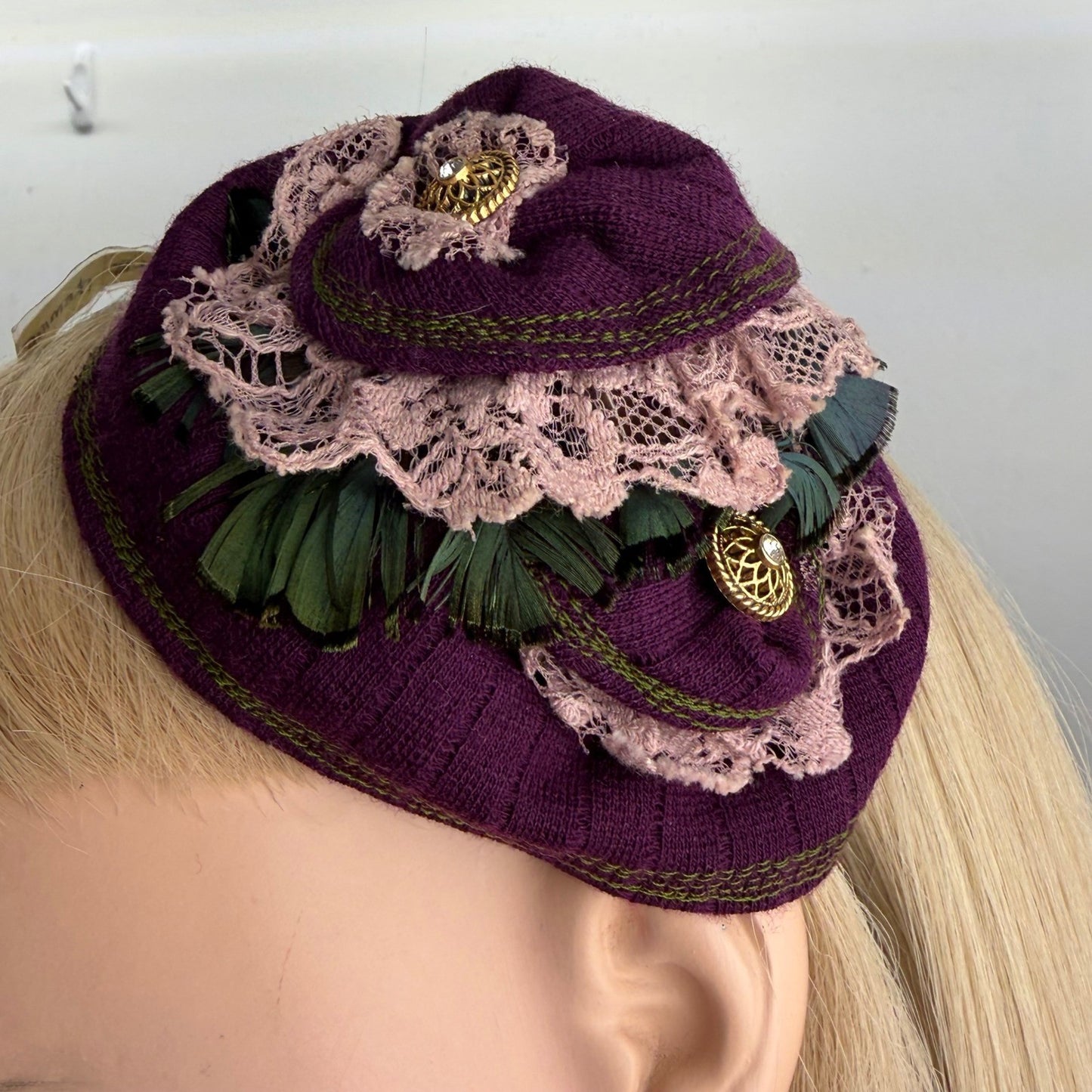 Handmade Fascinator Pillbox Style Purple Lace Feather Victorian Steampunk OS