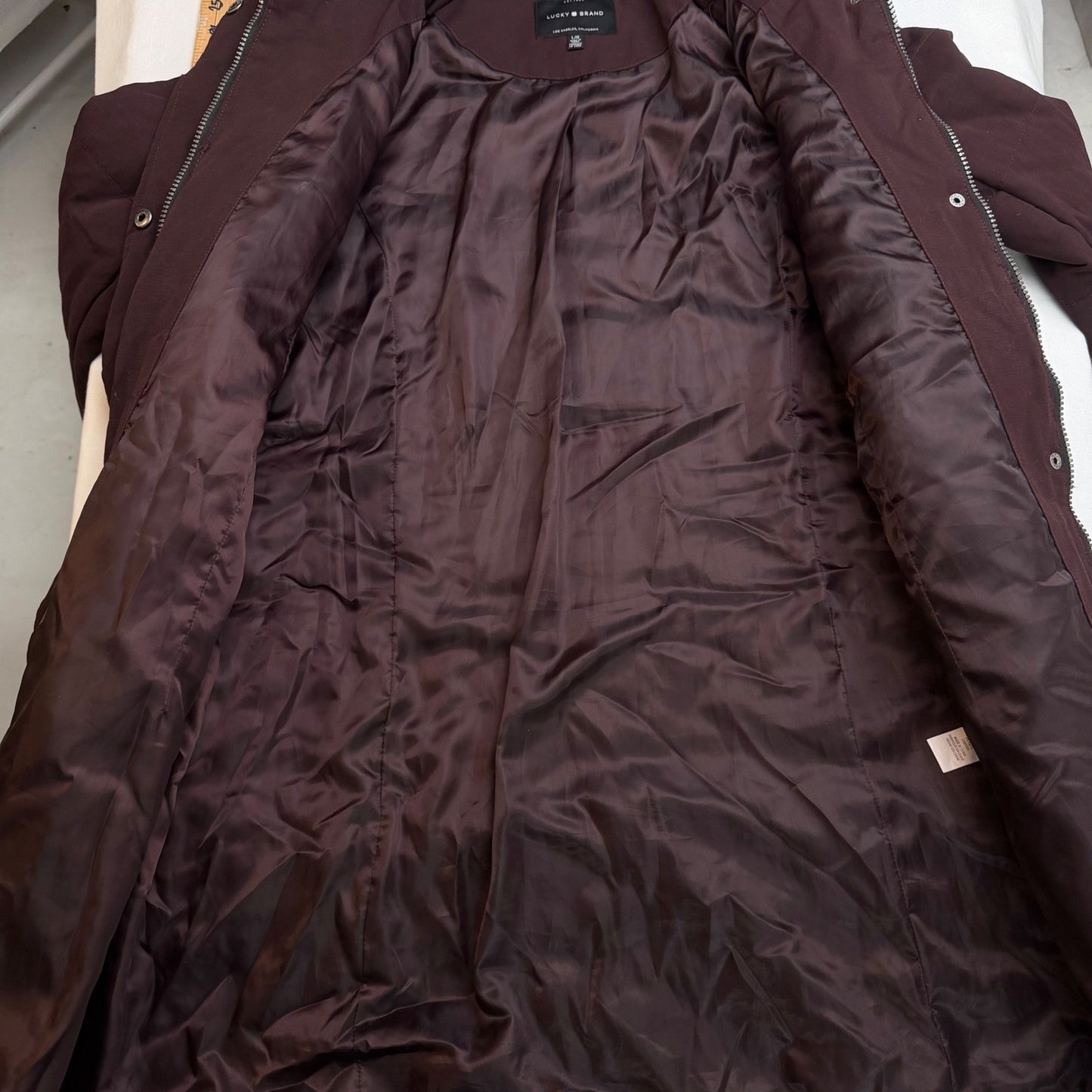 Lucky Brand Quilted Hooded Parka Jacket Burgundy Full Zip Pockets Womens Medium