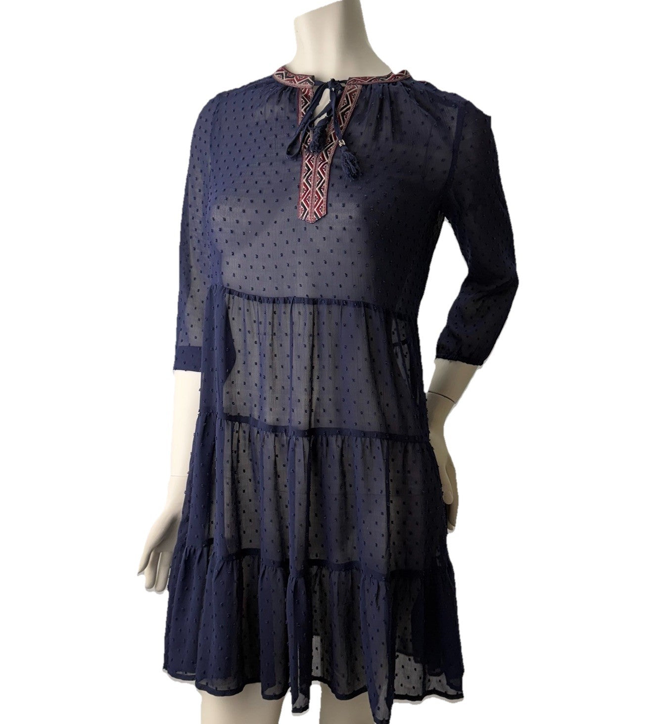 Daniel Rainn Navy Swiss Dot Tiered Dress Boho Embroidered XSmall Coquettecore