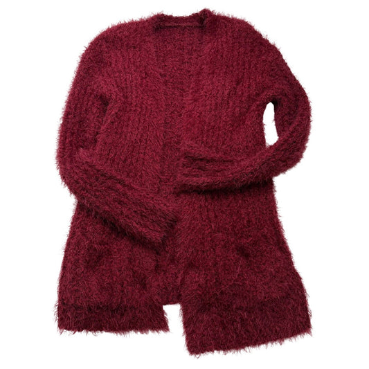 Burgundy Eyelash Knit Open Front Cardigan Sweater with Pockets Longline Fuzzy
