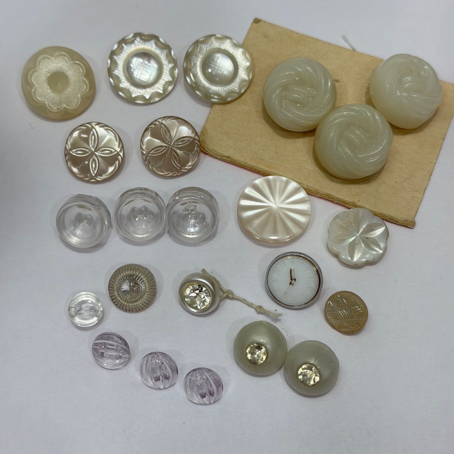Vintage White Button Lot Plastic Lucite Rhinestone Shank Buttons Sewing Craft
