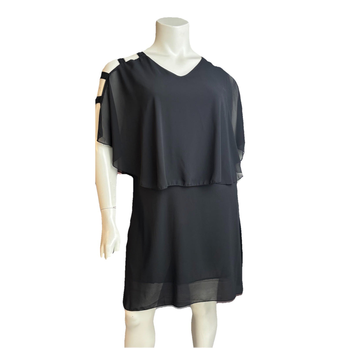 Black Chiffon Overlay Dress Cold Shoulder Layered Sheer Party Cocktail Sz Medium
