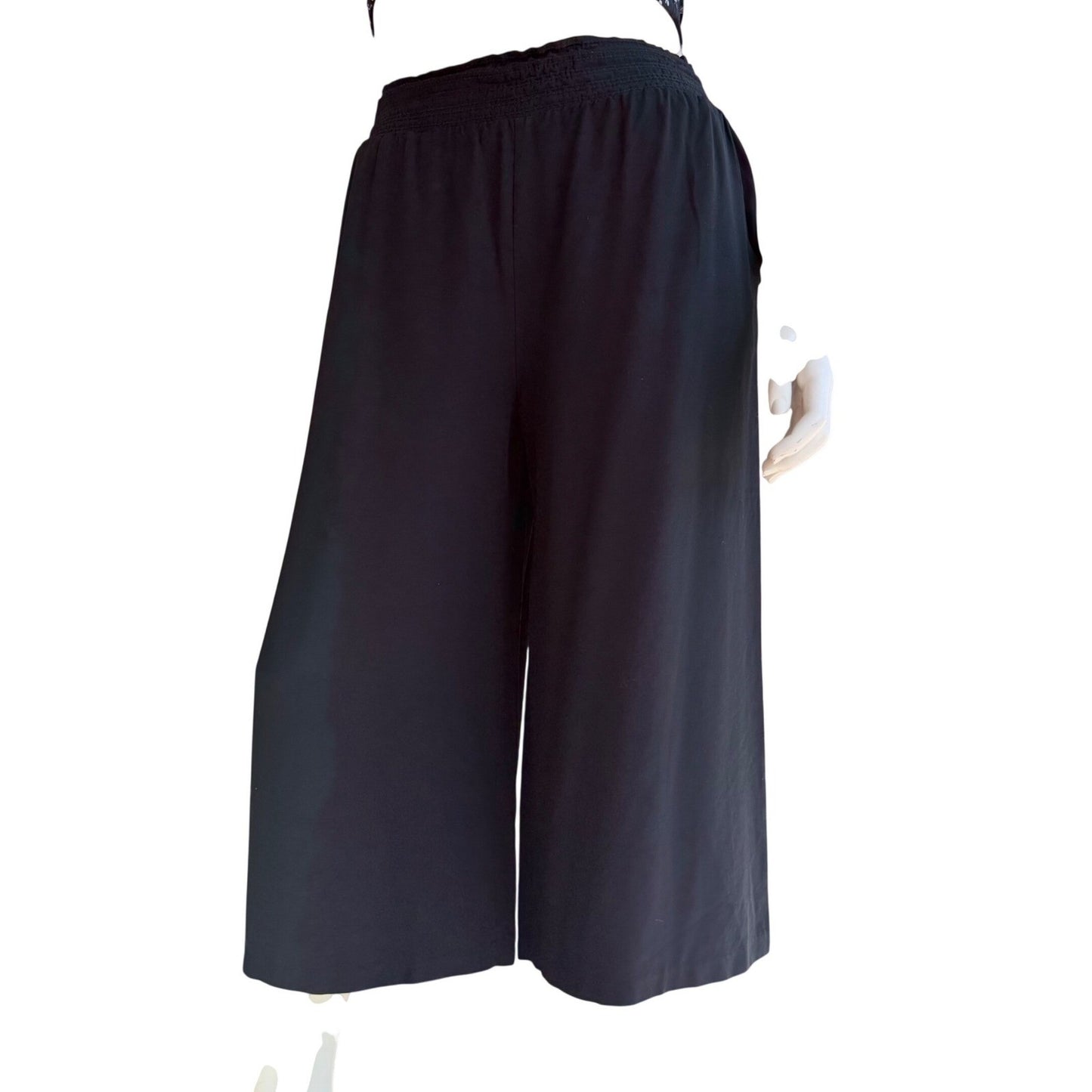 Vintage Wide Leg Pants Black Rayon Smocked High Waist Cropped Culottes Large