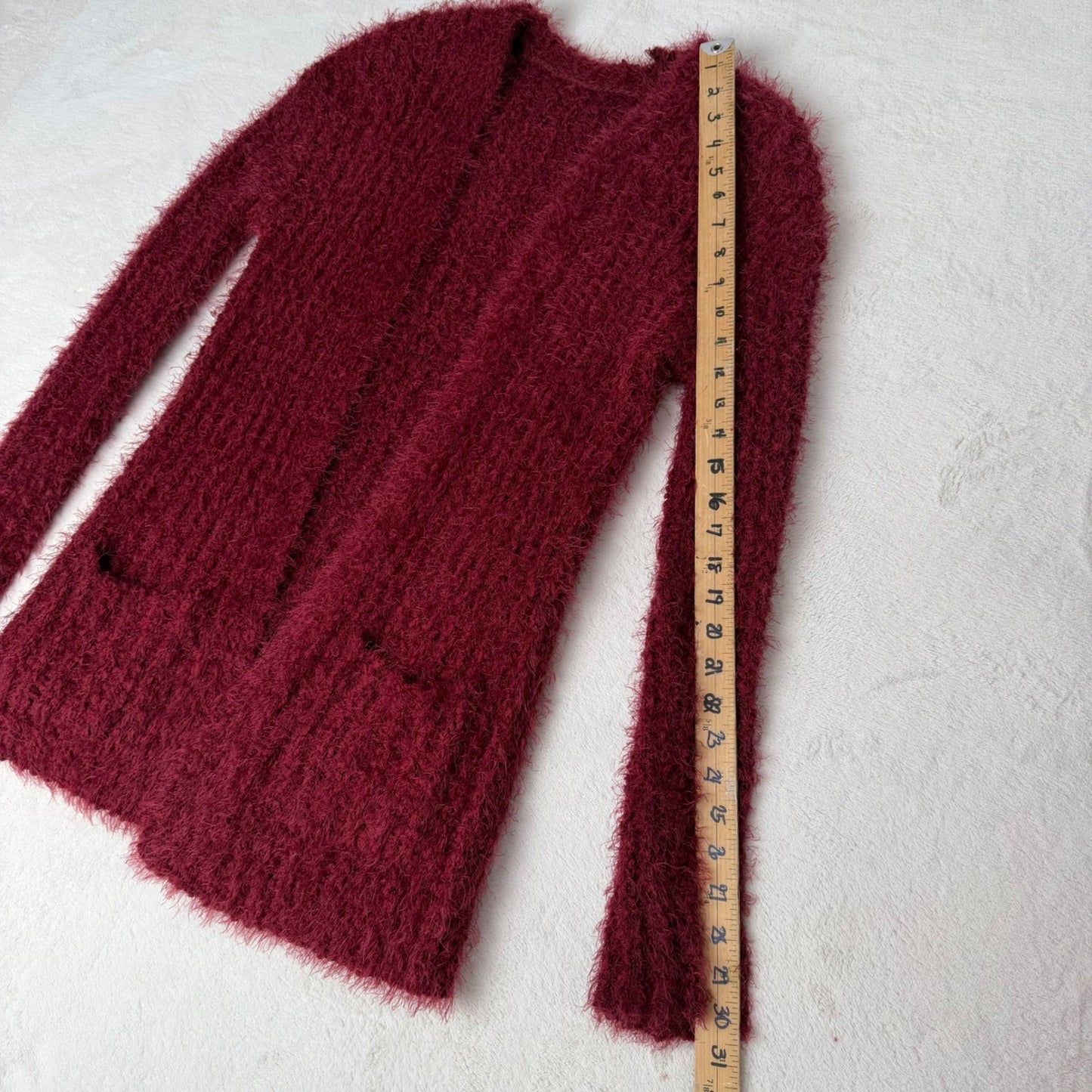Burgundy Eyelash Knit Open Front Cardigan Sweater with Pockets Longline Fuzzy