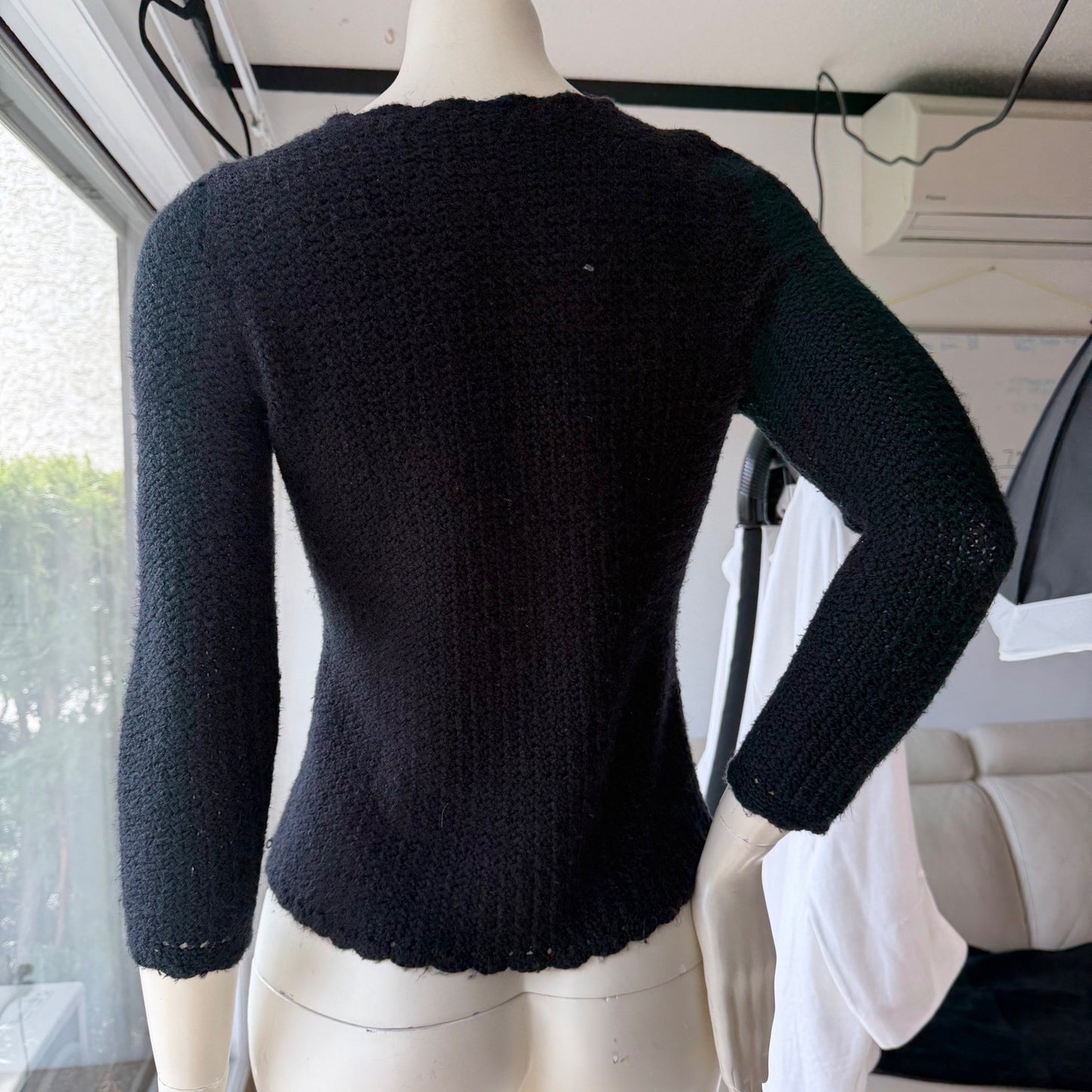 Handmade Vintage Crochet Cardigan Gold Rhinestone Buttons Coquette Black Small