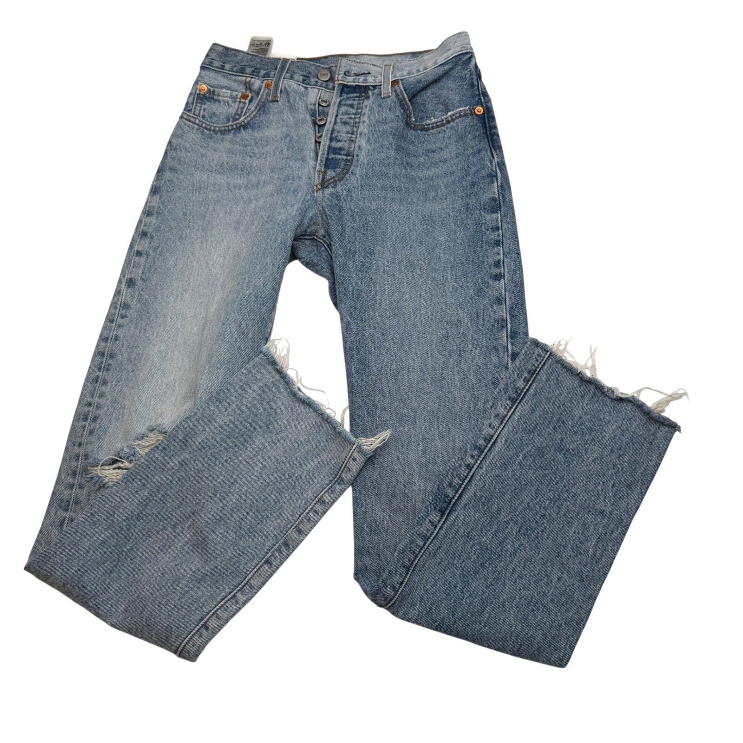 Levi's Premium Wedgie Straight Jeans Light Wash Distressed Knee Raw Hem – Sz 23