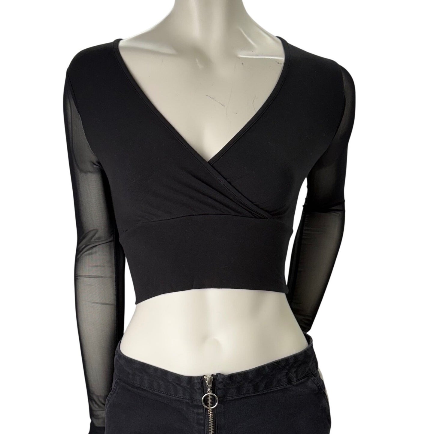 Black Sheer Sleeve Mesh Top Wrap Front V-Neck Crop Top Small Goth Romantic Y2K