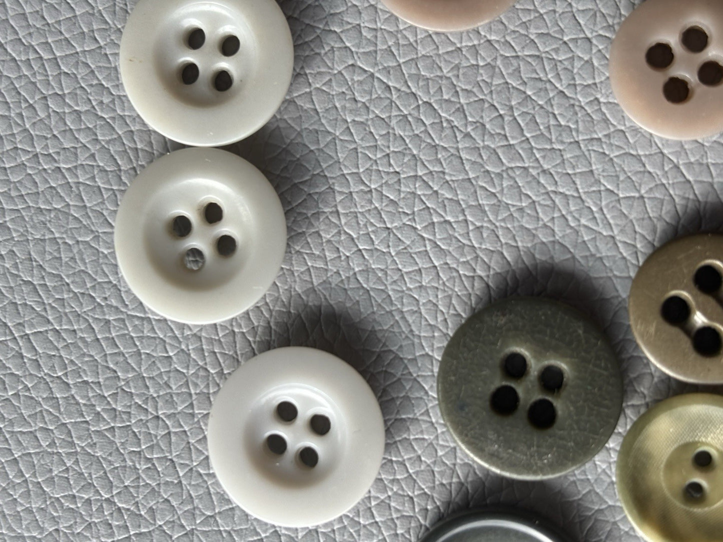 Vintage Button Lot Of 59 Early Plastic Four Hole Buttons Grey Taupe White Brown