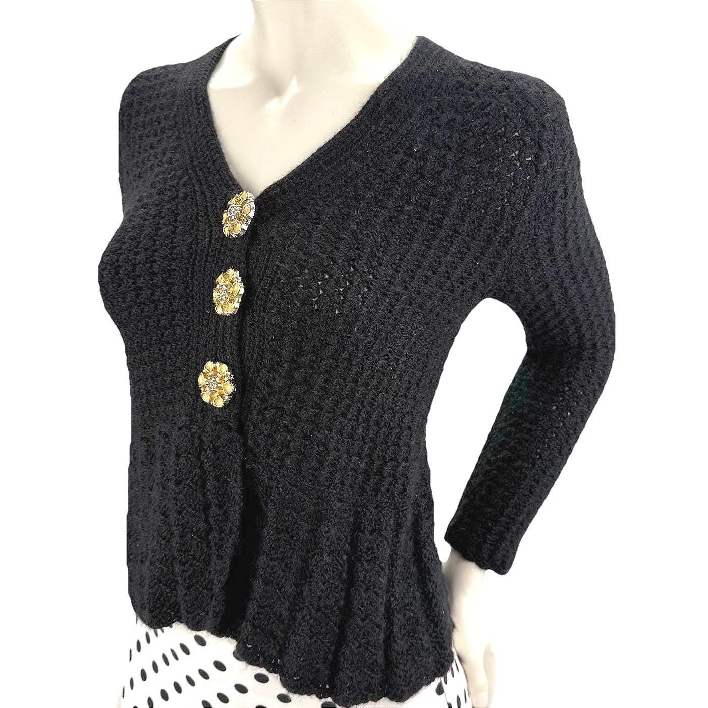 Vintage Black Fuzzy V-Neck Handmade Cardigan Peplum Yellow Flower Buttons Medium