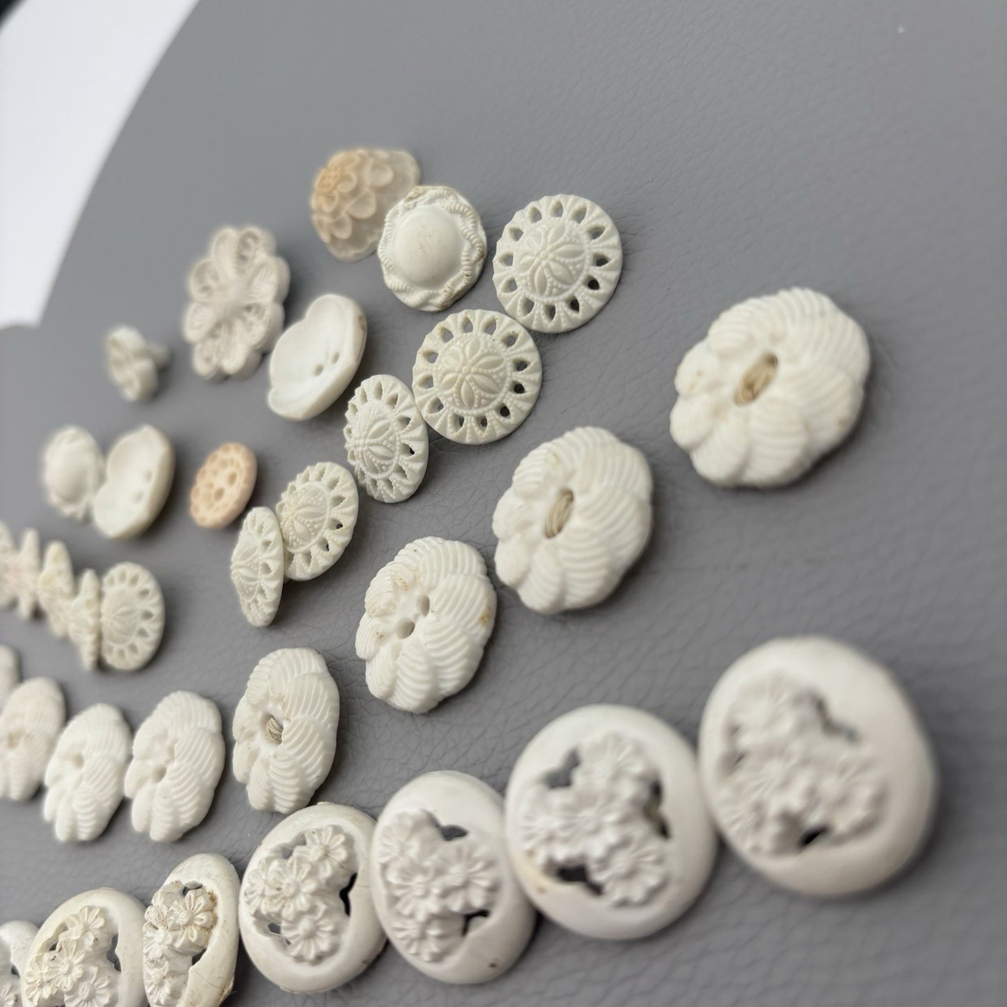 Vintage Carved Early Plastic Buttons – Antique White Floral & Pierced Mix 50 Lot