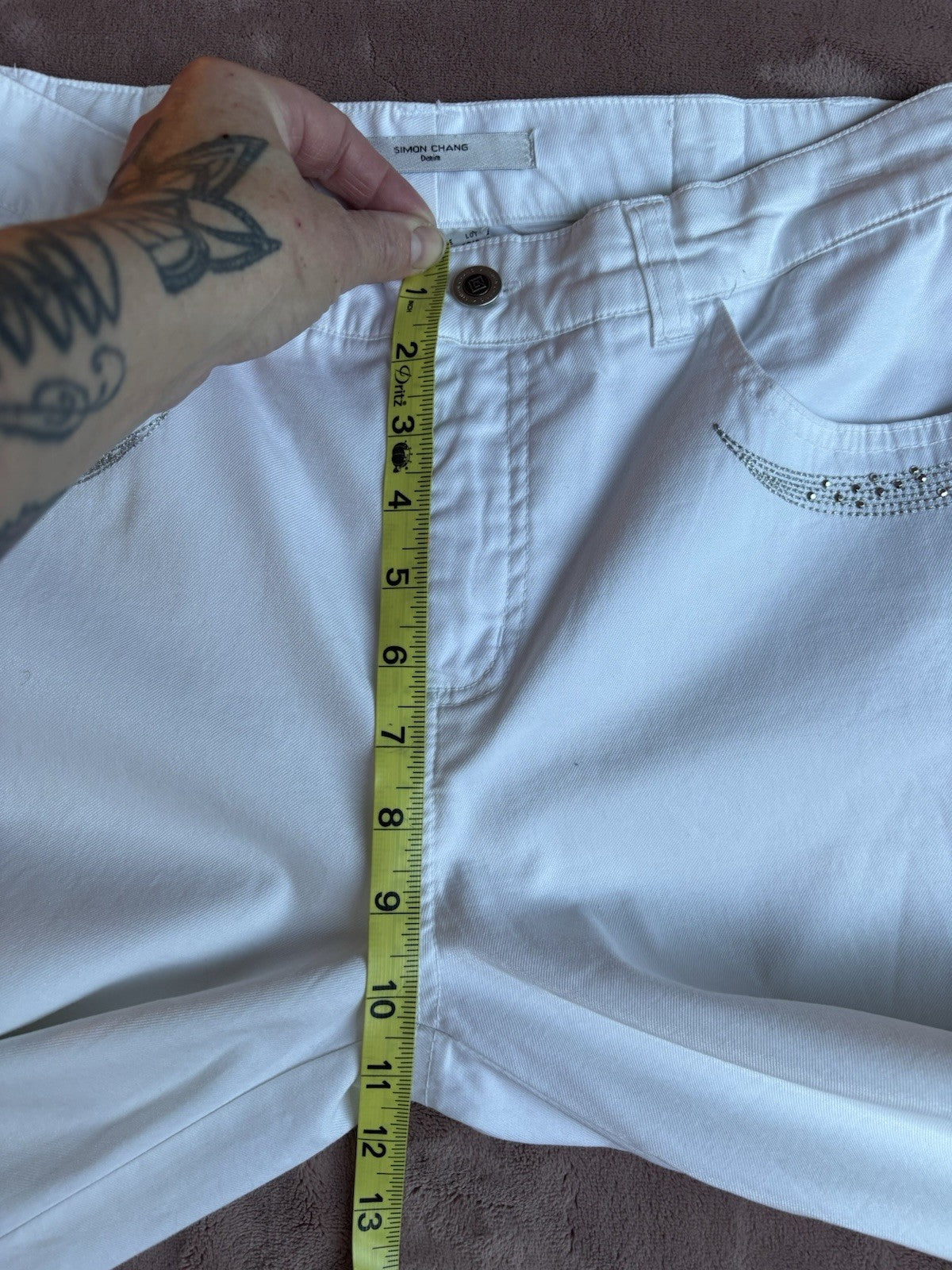 Women's White Capri Simon Chang Jeans Size 4 Crystal Detail Pockets Leg Zippers
