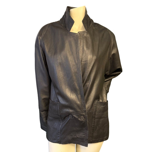 Vintage 90s Black Leather Blazer Jacket Minimalist Quiet Luxury Mobwife Medium