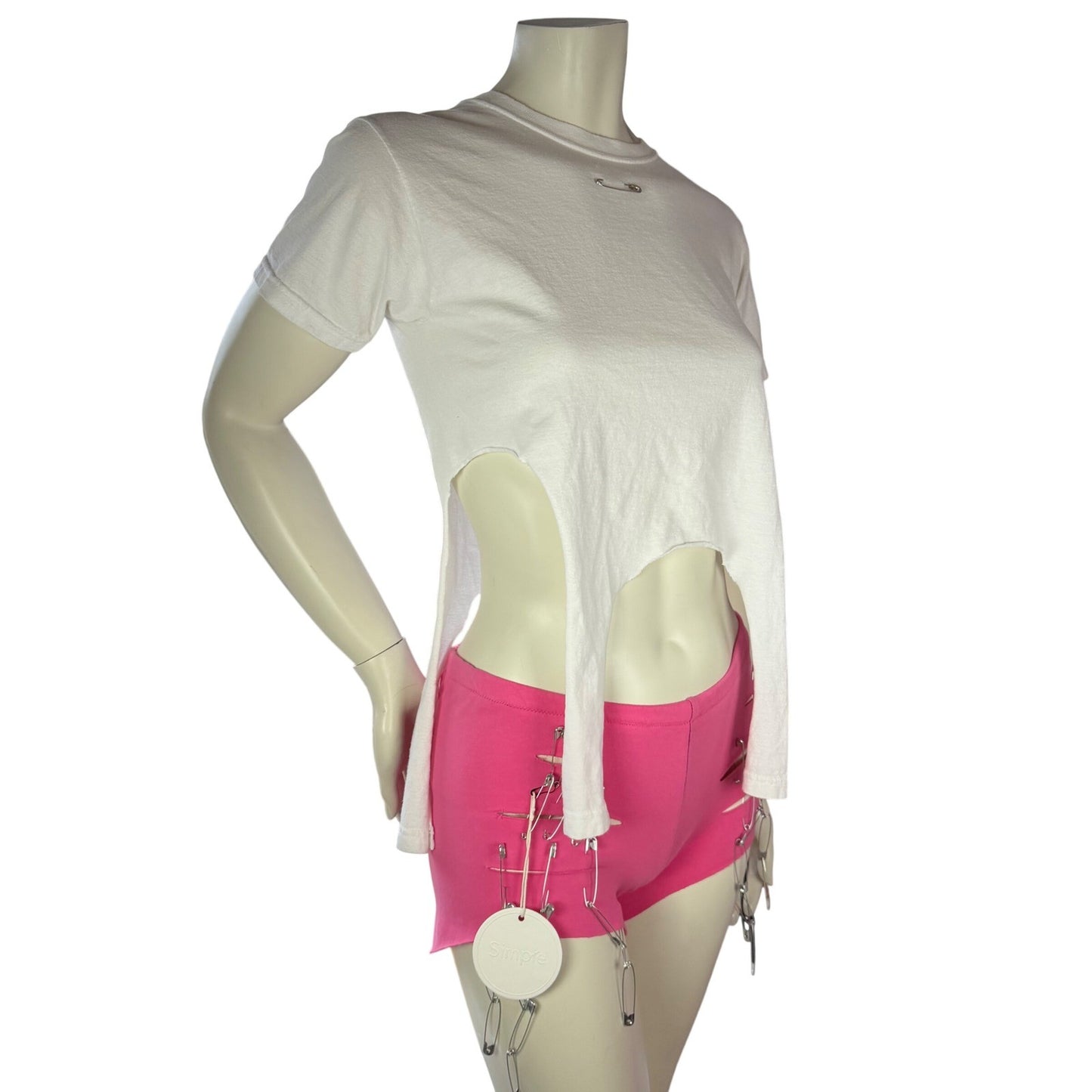 Simpłe NWT Pink Safety Pin Shorts + White CropTop Punk Festival Rave Neon Small