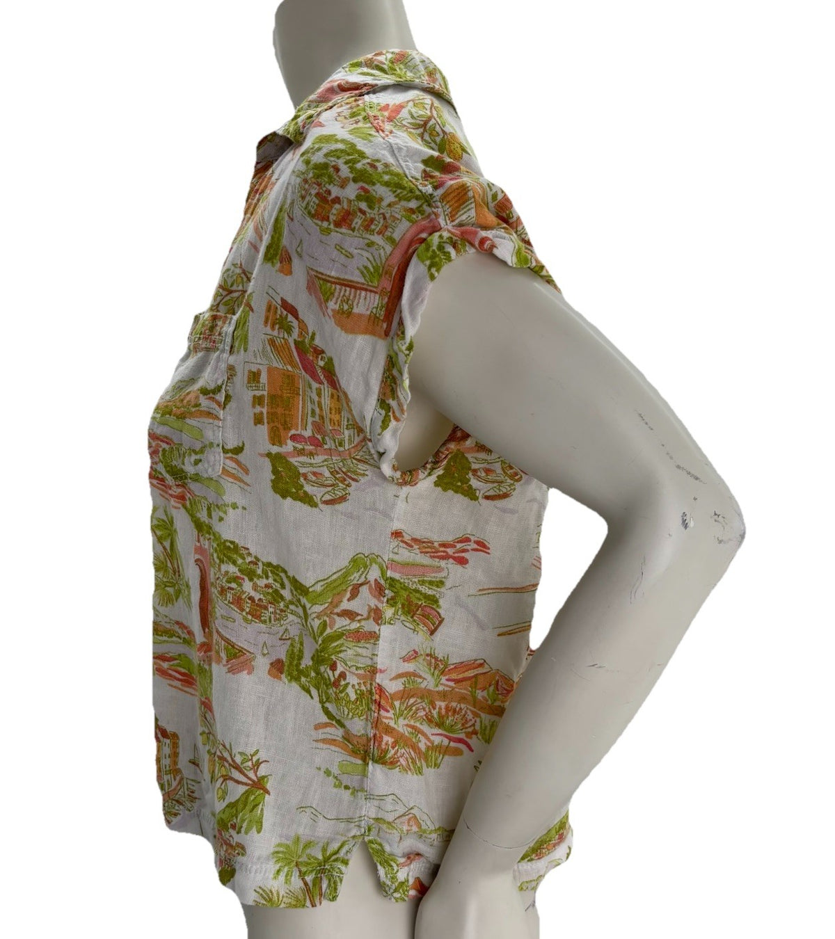 Cynthia Rowley 100% Linen Crop Shirt M Tropical Coastal Resort Print Button Vaca