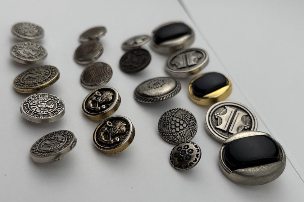 Vintage Silver & Black Button Lot – Crest, Textured, Enamel, and Etched Mix, 20