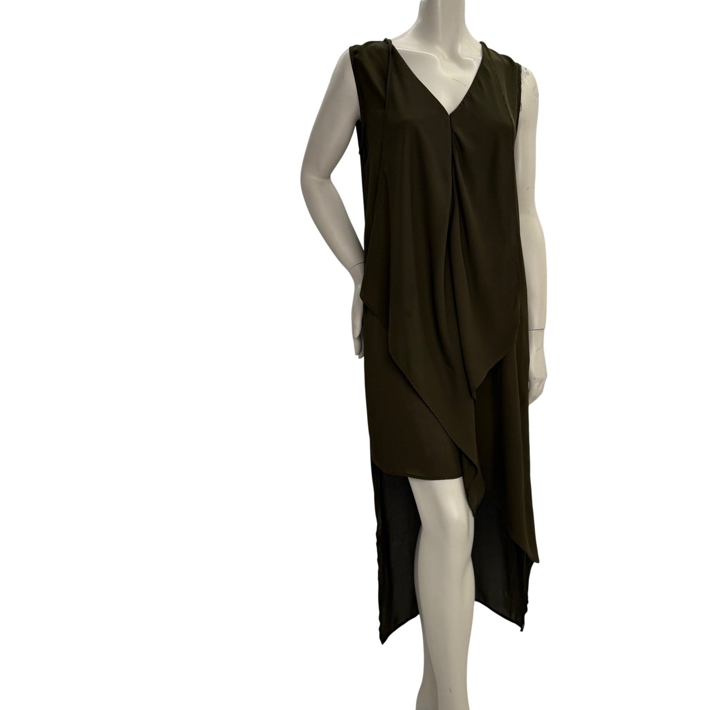 Olive Green High Low Draped V-Neck Top Sheer Dress Large Lagenlook Goblincore
